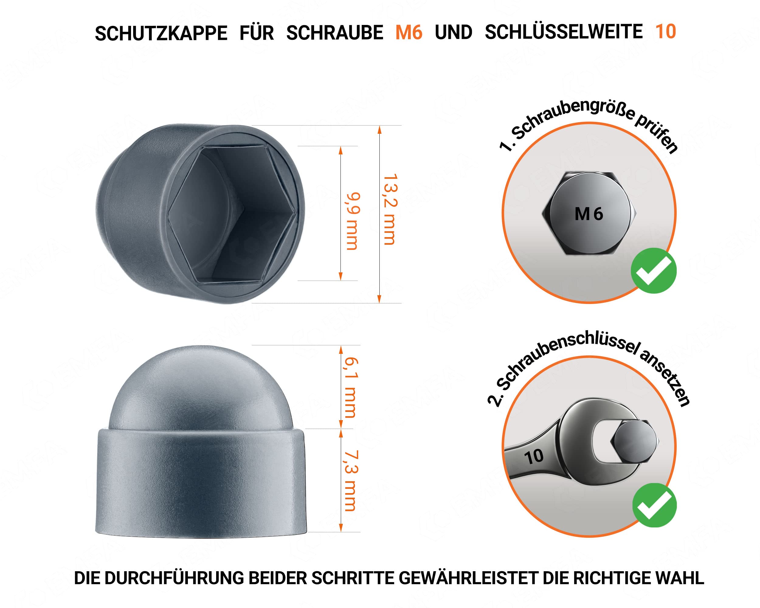 Cappucci copri-dado bulloni M6 (chiave 10) Antracite cappucci di protezione per viti 50 pezzi Cappucci protettivi esagonali Tappi plastica EMFA ®