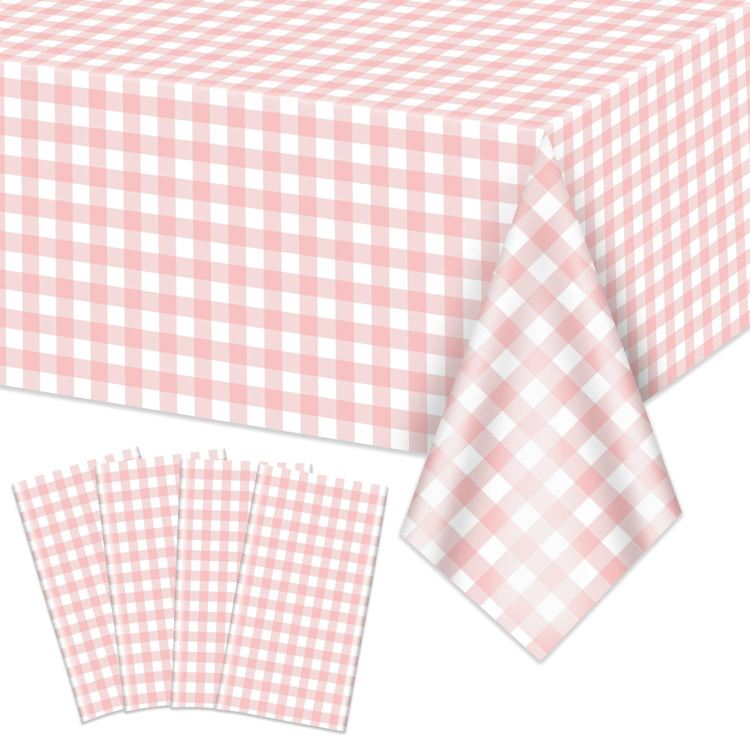 4 Pack Pink Gingham Tablecloths, Pink and White Checkered Tablecloths 86.6 x 51.2 Inches Gingham Table Covers Rectangular Waterproof Picnic Table Covers for Birthday Party Holiday Outdoor Supplies
