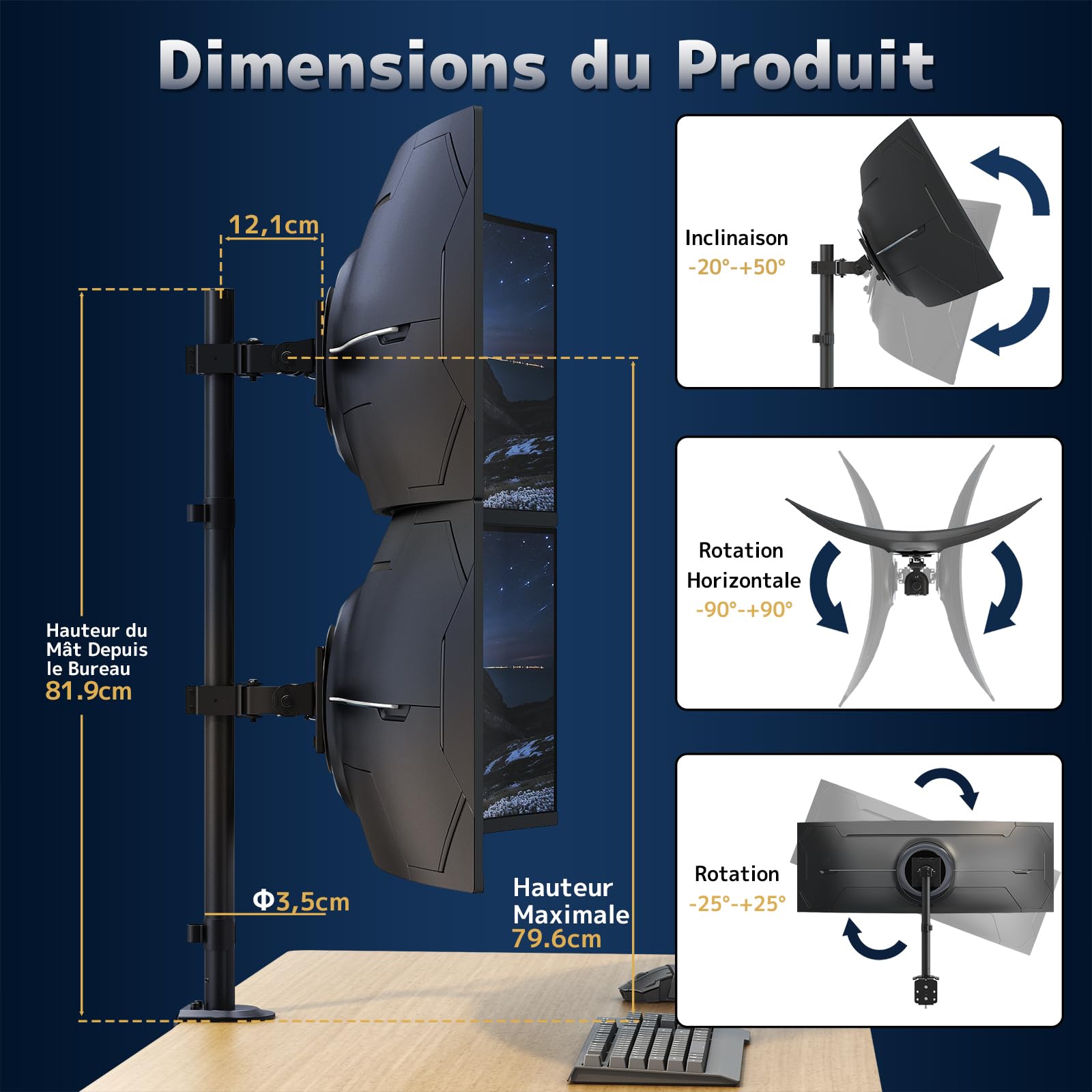Support Moniteur pour 2 Écrans 17-49 Pouces – Bras Double Réglable en Hauteur, VESA 75x75 & 100x100 mm, Inclinable, Pivotant, Gain de Place, Noir