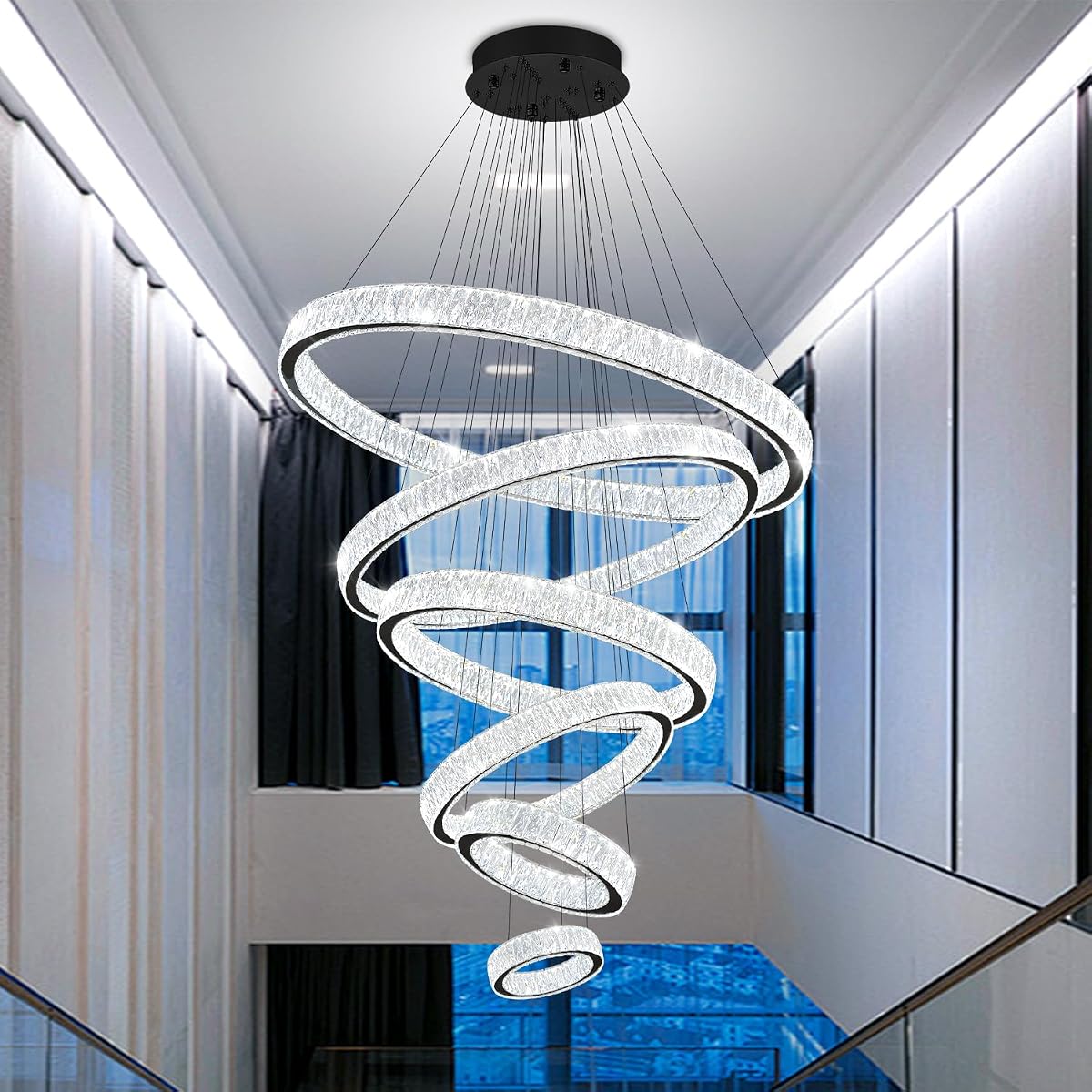 Extra Large 6 Ring Crystal Chandelier Modern LED Long Crystal Chandelier for High Ceiling Height Adjustable Black D8+15.7"+23.6"+31.5"+39.4"+47.5" Dimmable 2700K-6000K