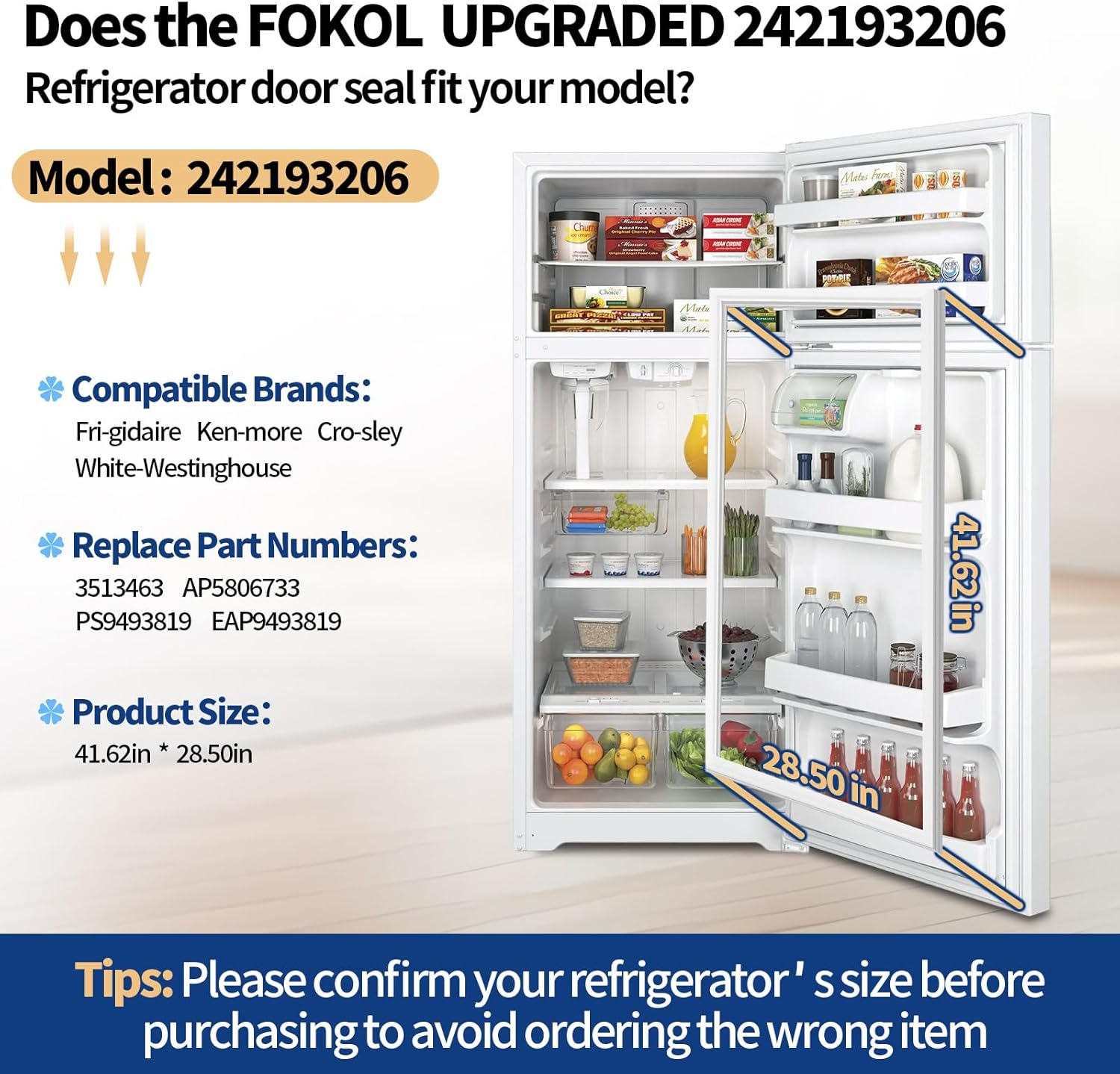 2026 NEW UPGRADED 242193206 Refrigerator Fresh Food Door Gasket Replacement for Frigidaire Kenmore Crosley White-Westinghouse, 41.6'' x 28.5'' Fridge Door Seal, Replaces AP5806733 PS9493819 EAP9493819
