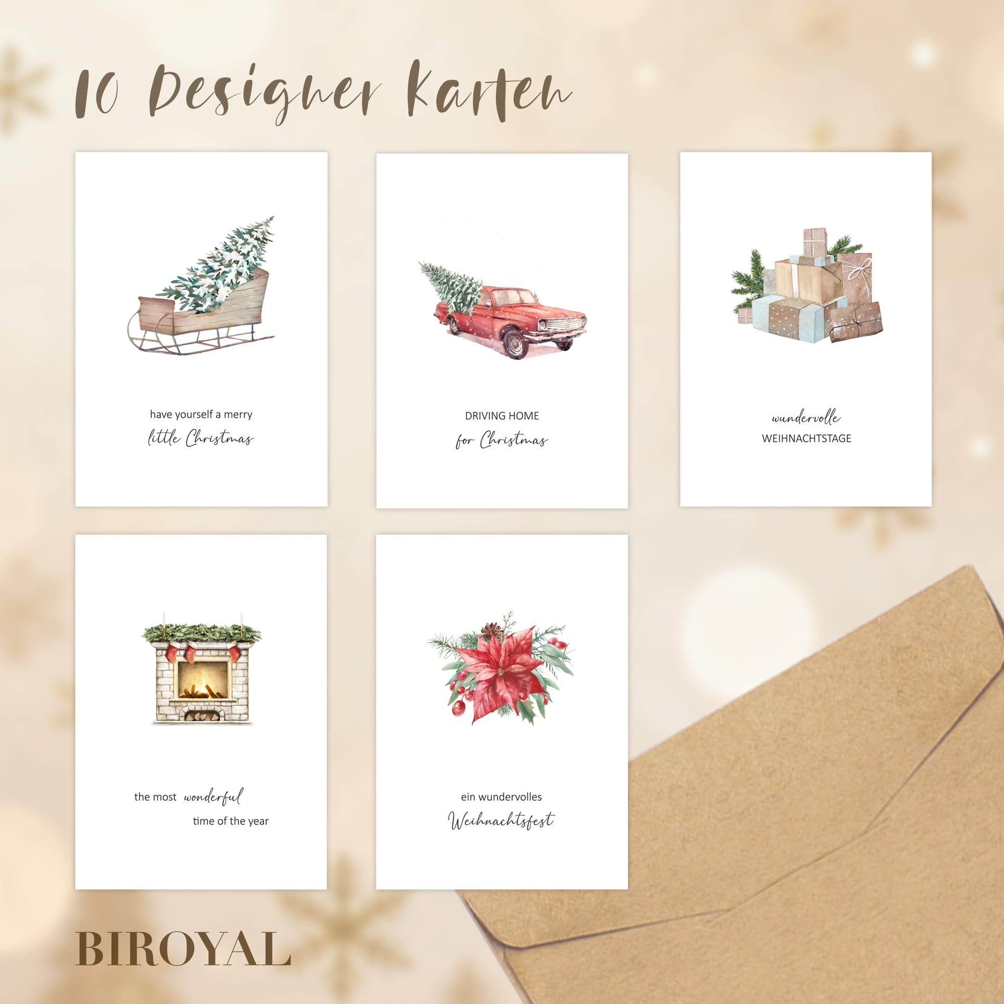 BIROYAL Set di biglietti di Natale con busta (10 pezzi) | Set di cartoline formato A6 per Natale | Fantastico biglietto di Natale cartolina natalizia con buste per i tuoi auguri di