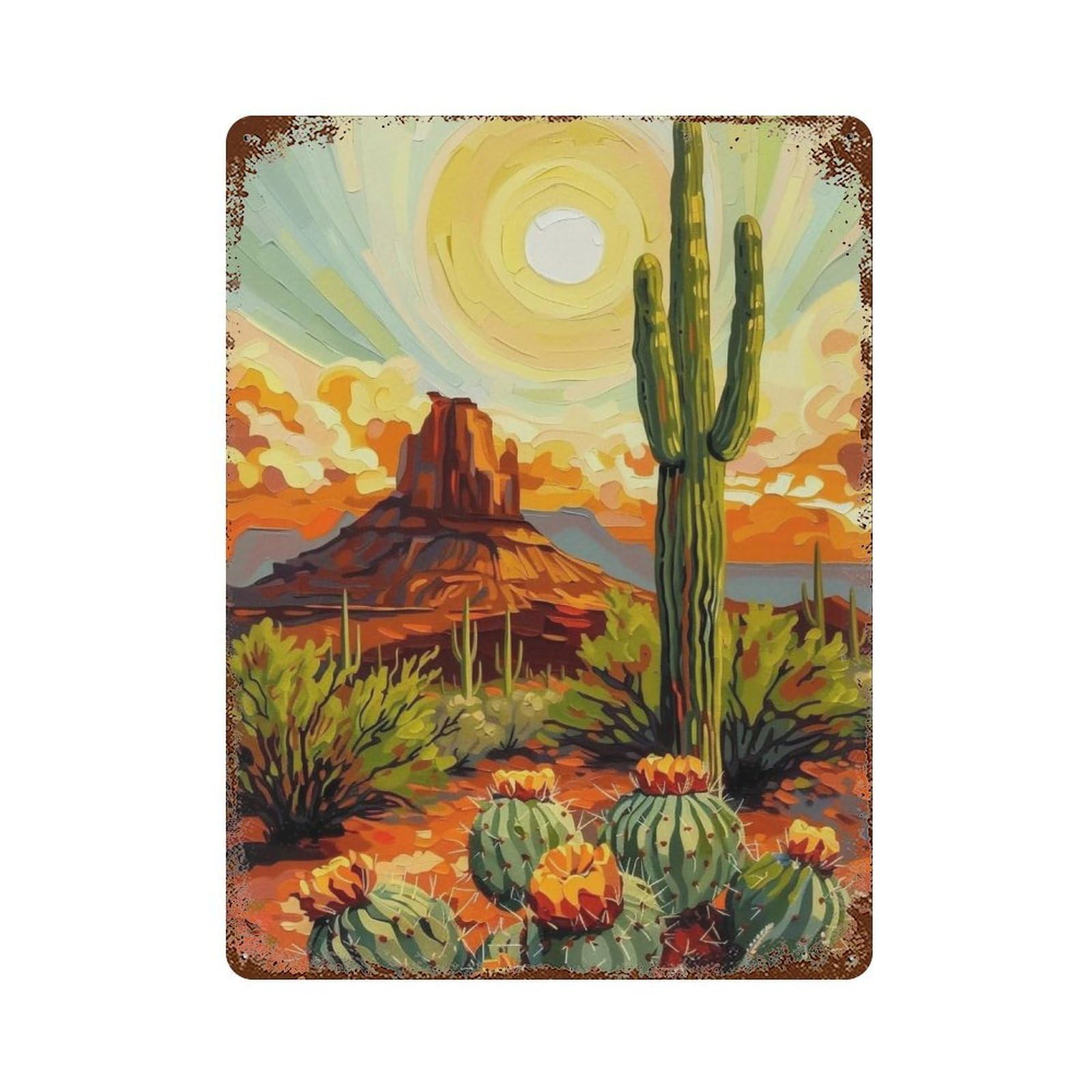 WIHYRTUI Impasto Sunset Red Rock Saguaro Desert Vista 04 Wall Retro Iron Metal Tin Sign Vintage Art Poster Modern Home Cofffee Club Art Bar Shop Decor Style 40x30cm
