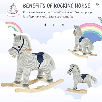 Qaba Kids Rocking Horse for Toddler 3-5, Plush Ride on Horse Wooden Rocker with Realistic Sounds, Gray