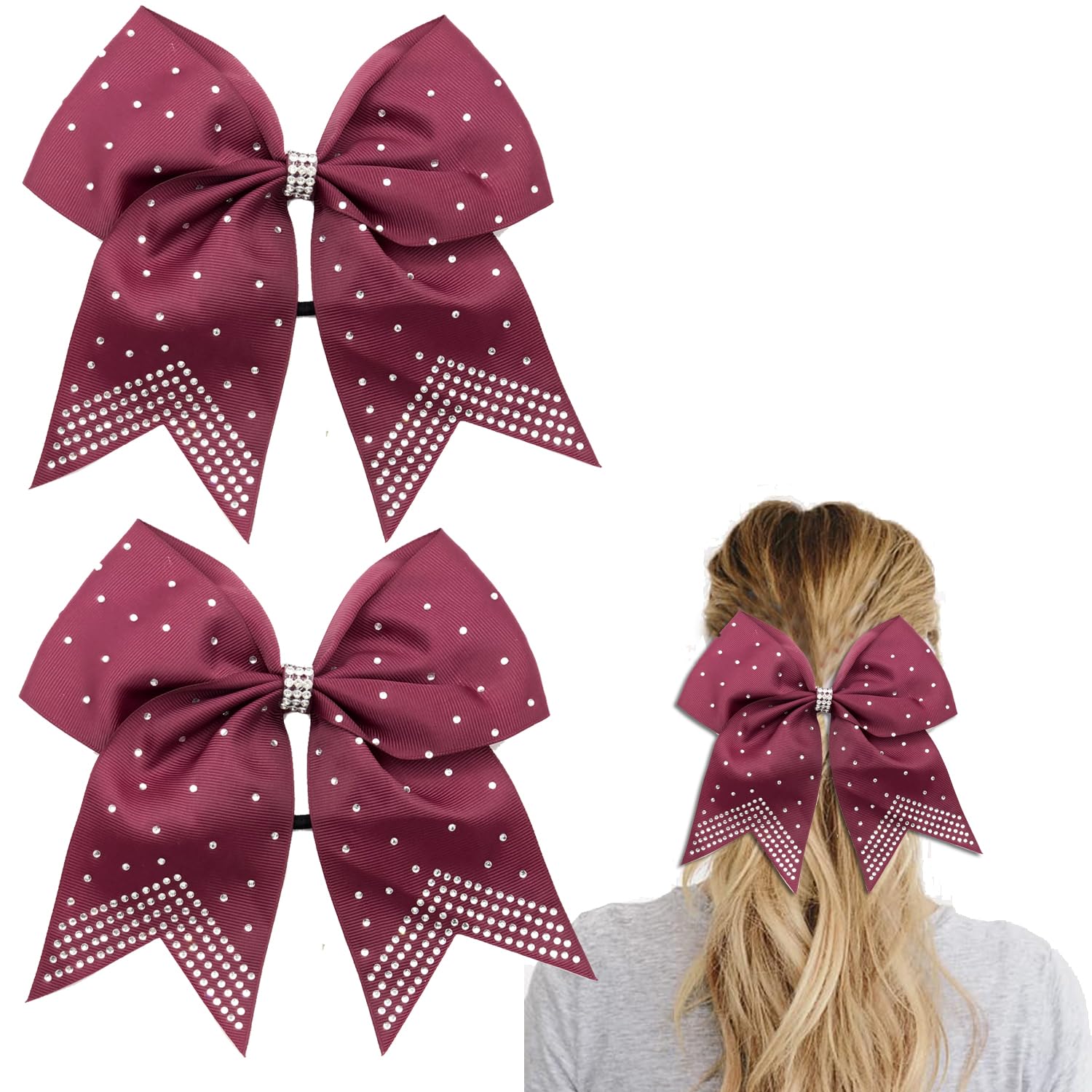 Large Cheer Hair bows with Rhinestones,Cheerleading Bow with Ponytail Holder Elastic Band for Cheerleaders Teen Girls College Sports
