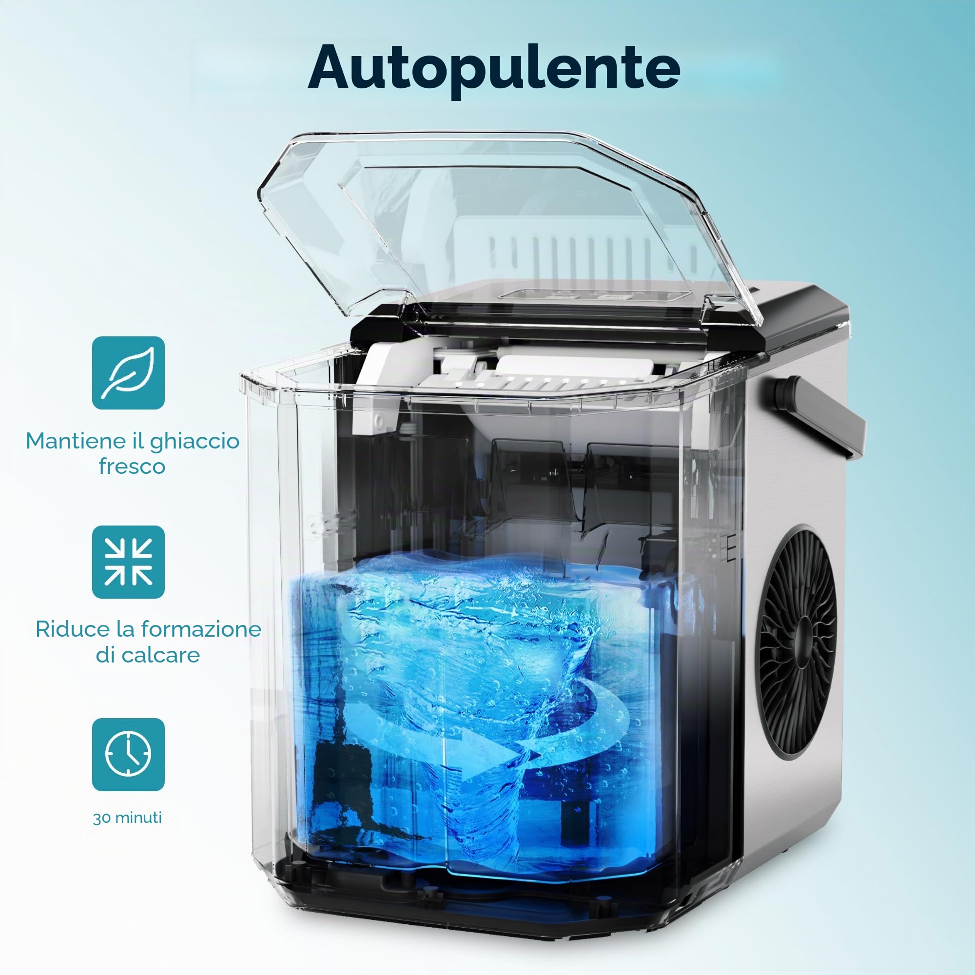 EUHOMY Macchina per cubetti di ghiaccio, 9 cubi in 6 minuti, macchina per il ghiaccio Bullet, 2 dimensioni cubi, in acciaio inox, per il piano di lavoro, 12 kg/giorno, per la casa, la cucina