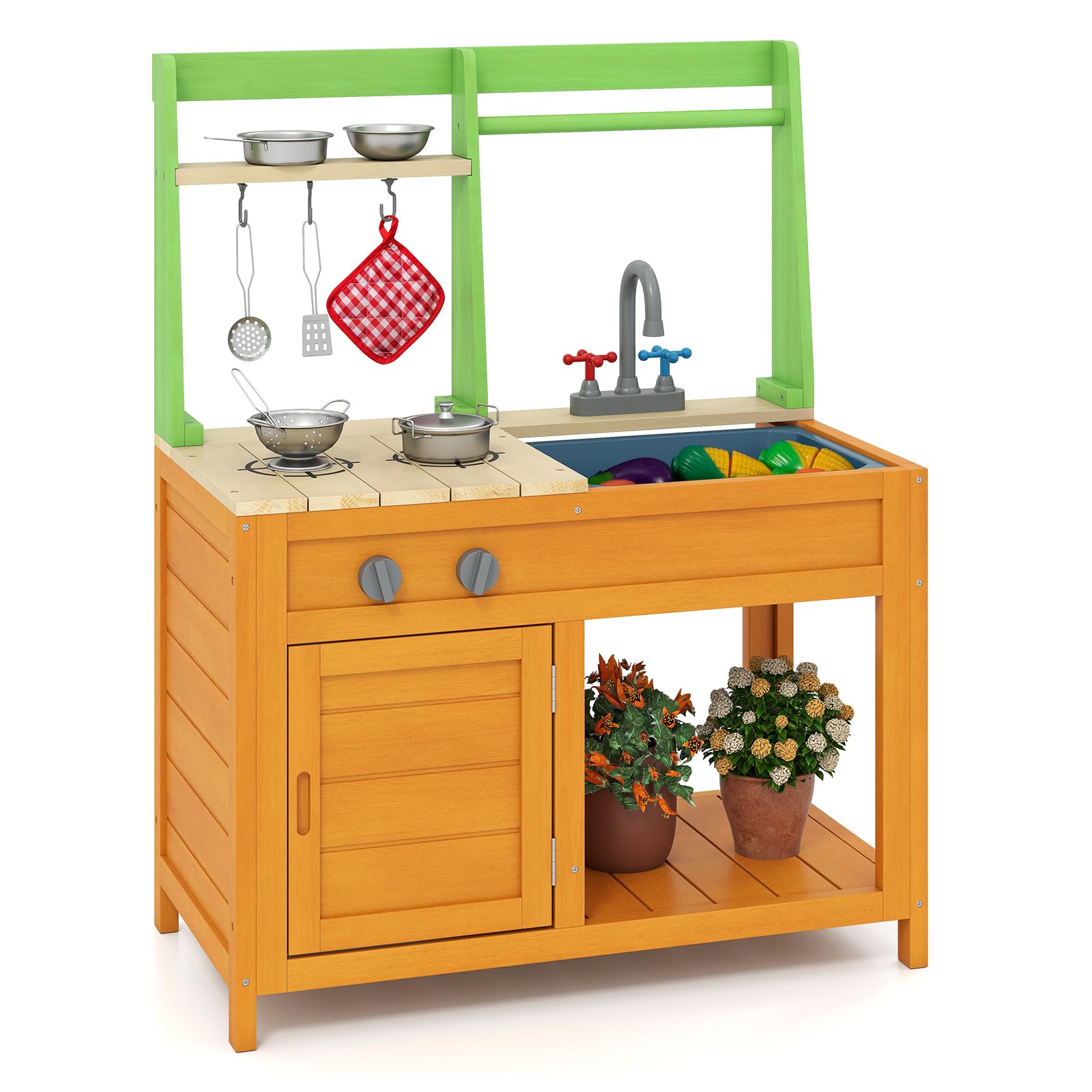 GYMAX Cucina Giocattolo in Legno per Bambini, Cucina da Esterno con Fornelli, Lavello, Rubinetto, Suoni, Accessori Ricchi e Ripiani Aperti, Giocattolo Interattiva per Bambini 3+ Anni