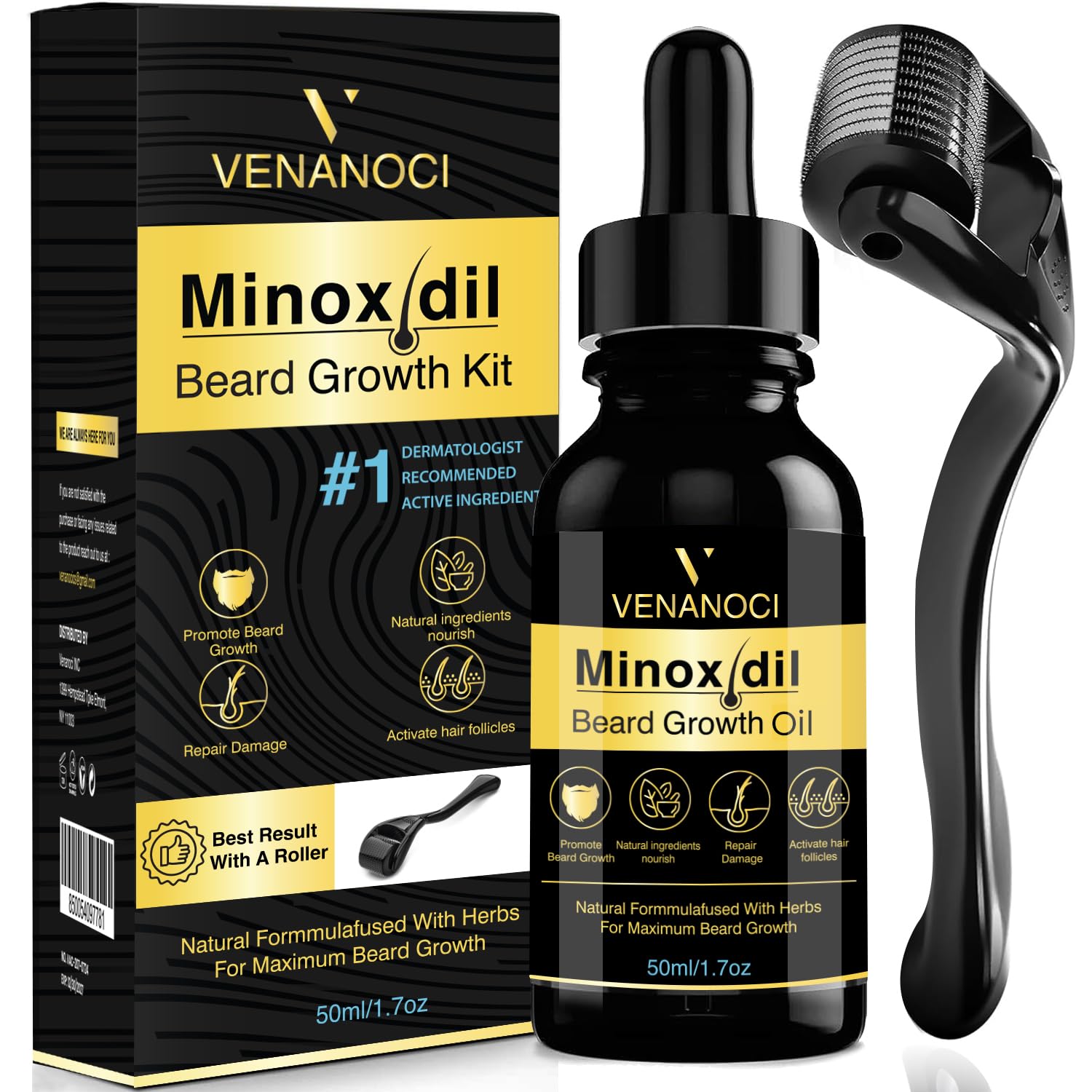 Venanoci Beard Growth Oil 5% Minoxidil For Men, Beard Growth Serum With Biotin & Caffeine For Hair Growth, Beard Growth Kit With Roller Minoxidil 5%, Grow A Stronger Thicker Fuller Beard Faster 50ml