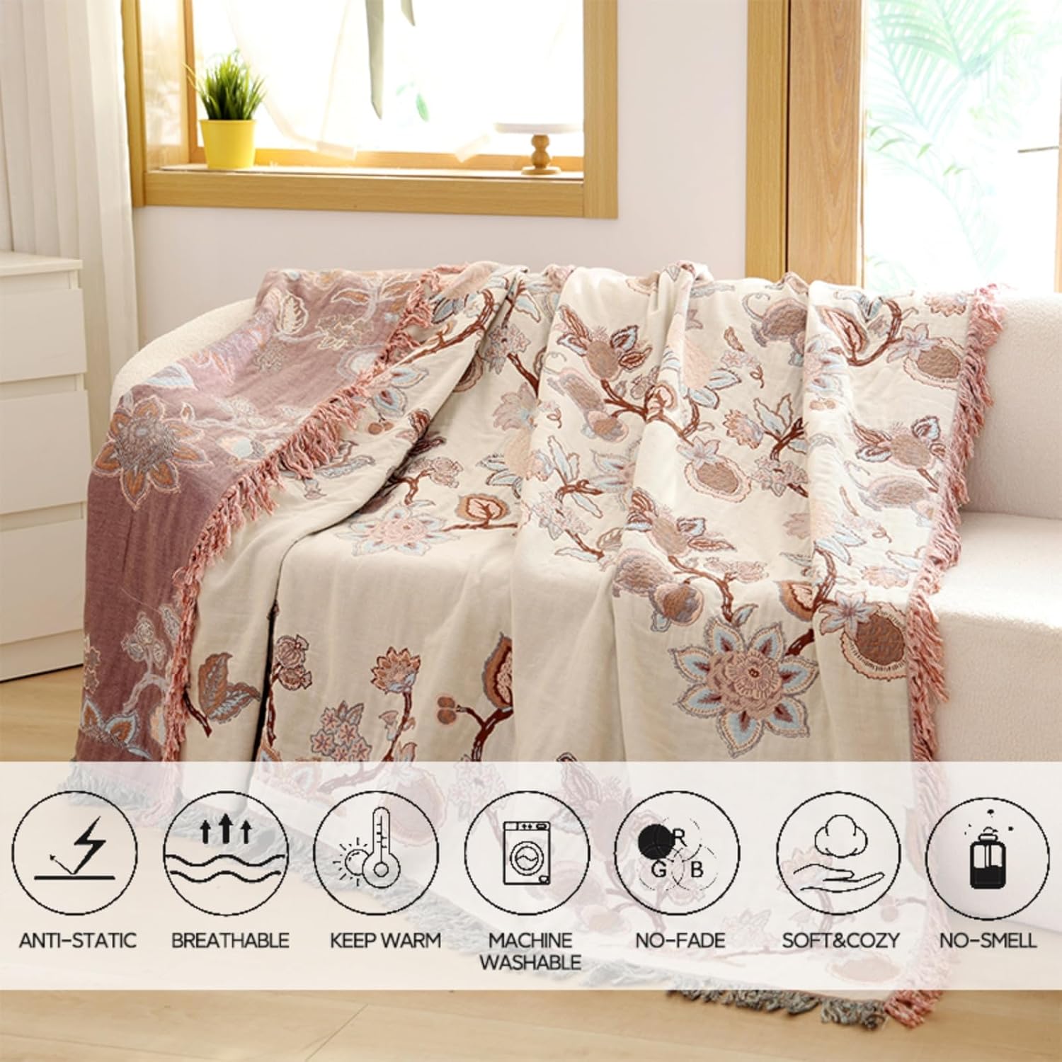 Boho Cotton Throw Blanket 60×80 Inch – Soft Breathable Muslin Throw for Couch, Sofa & Bed, Lightweight Farmhouse Decorative Blanket - Image 4