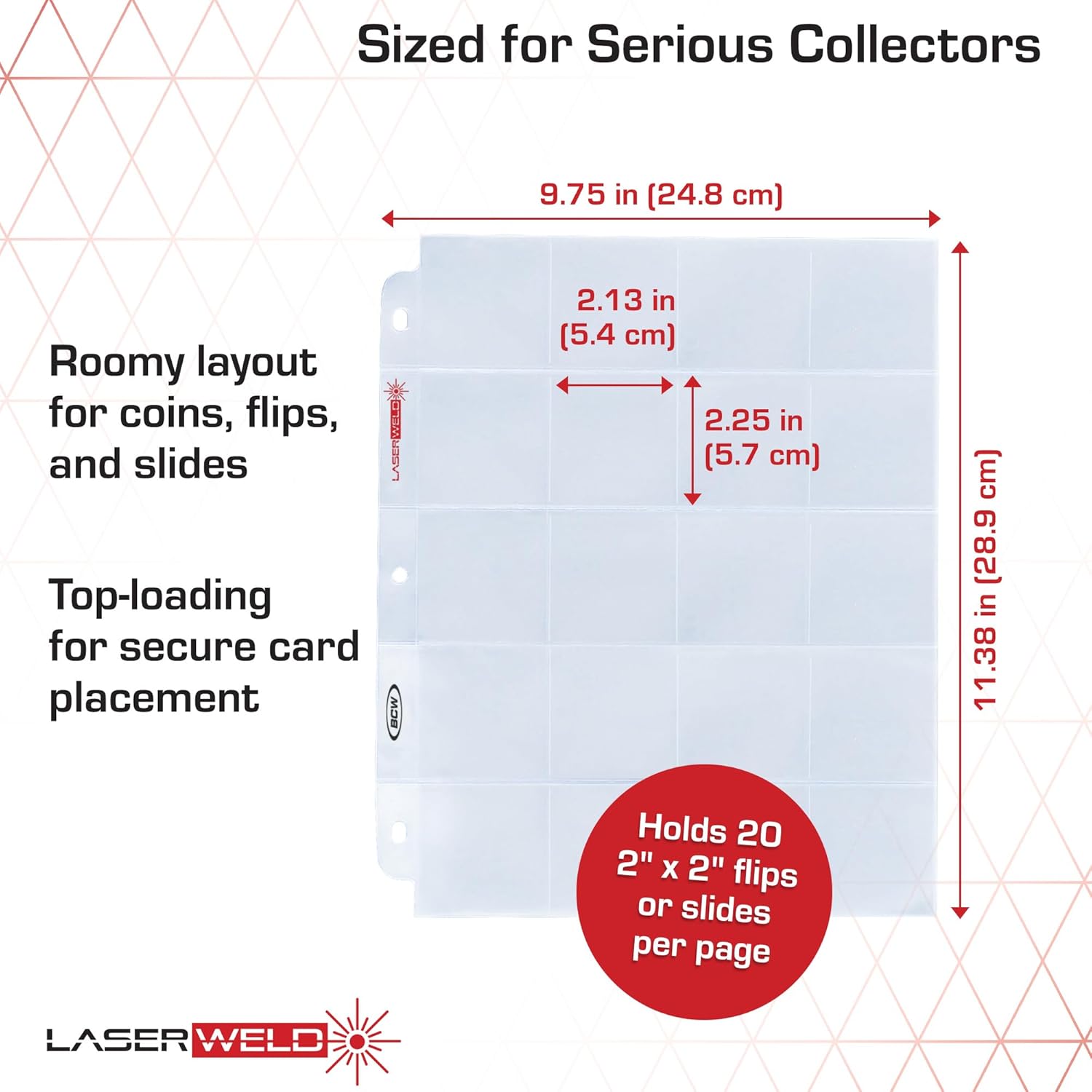 BCW LaserWeld 20-Pocket Coin Pages | 100 Count | Archival Acid-Free 3-Ring Binder Pages for Coins, Cards & Slides | Strong, Flat Laser-Welded Seams
