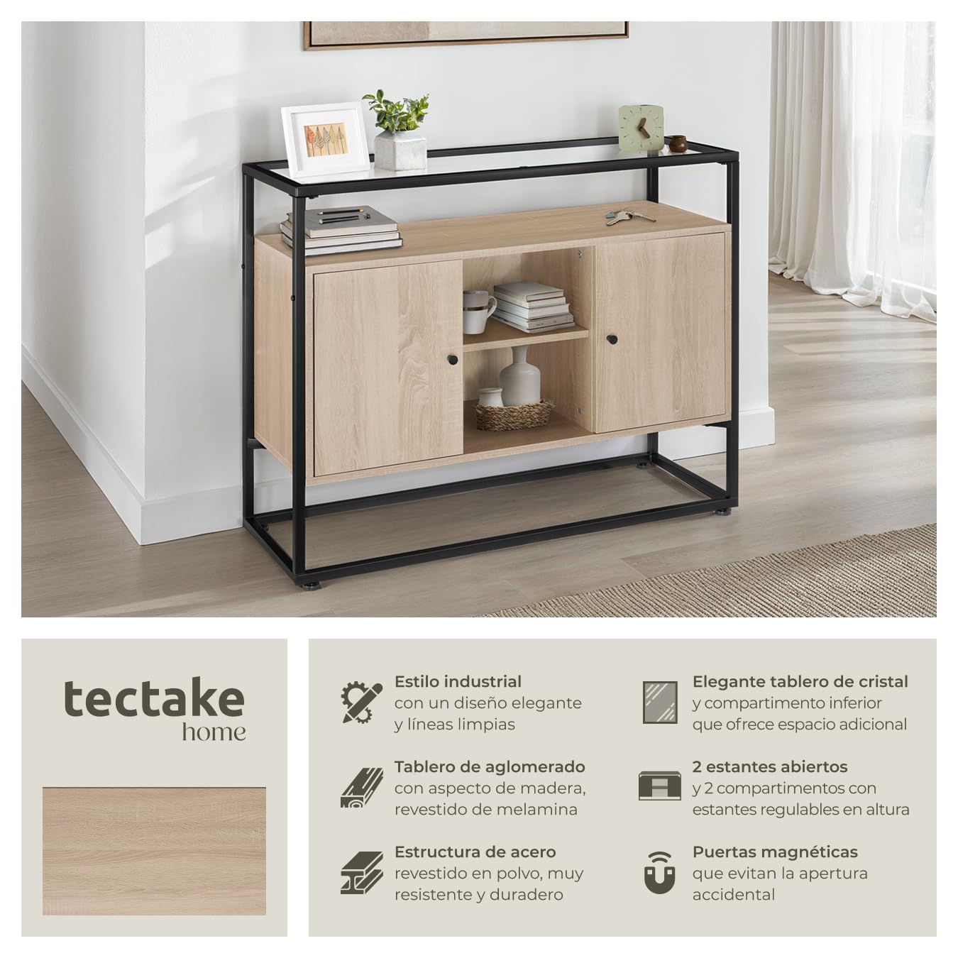 tectake® Mueble TV Salon de Estilo Industrial, Aparador con 2 Armarios y 3 Estantes, Tablero Madera, Muebles Salon, Mesa TV - 100 x 38 x 80,5 cm Madera Industrial Clara, Roble Sonoma