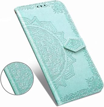 For iPhone 15 Pro Case Flip Phone Case Mandala Embossed Phone Case Shockproof PU Leather Stand View Wallet Bookstyle Case Cover Silicone Bumper Phone Case for iPhone 15 Pro Mint Green