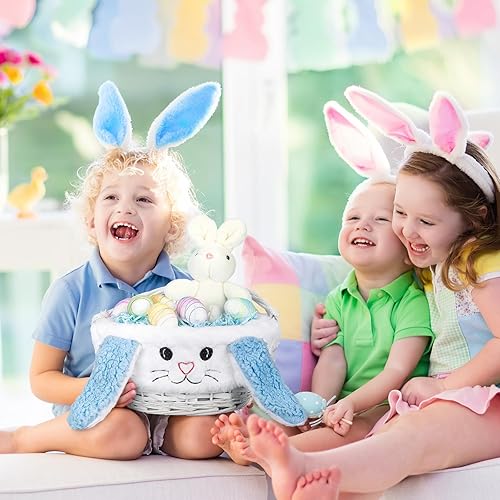 Miniatura 5 de Juego de canastas de Pascua personalizadas con orejas flexibles para niños, conejo tejido de mimbre, regalo de Pascua, huevos de plástico de felpa y