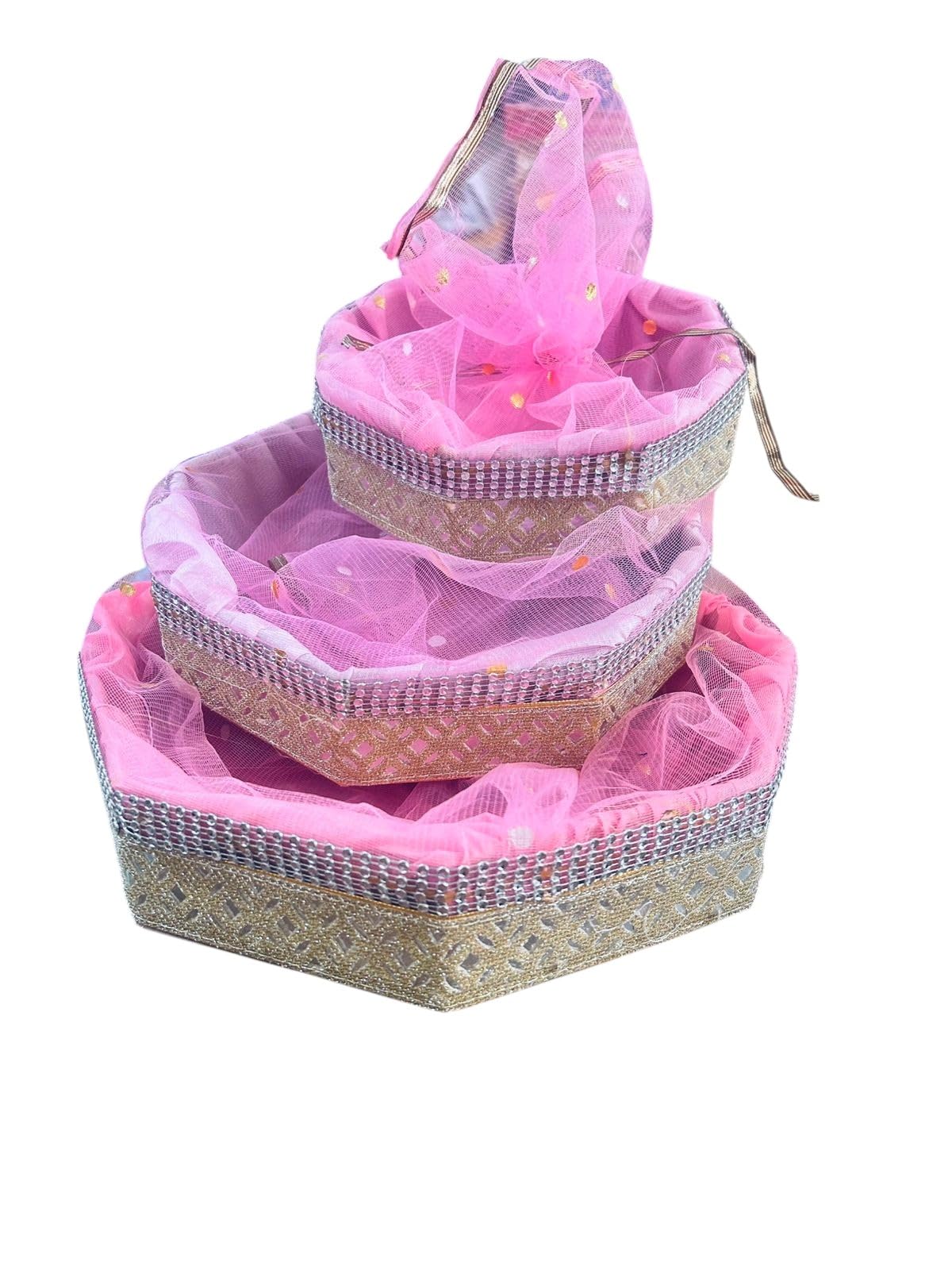 Vayu Art & Crafts Octagonal Net Decorated Gift Hamper Basket Wedding Event Including with Net Decoration Set of 3 | Size-20x20x6cm, 25x25x6cm, 30x30x6cm (BABY PINK)