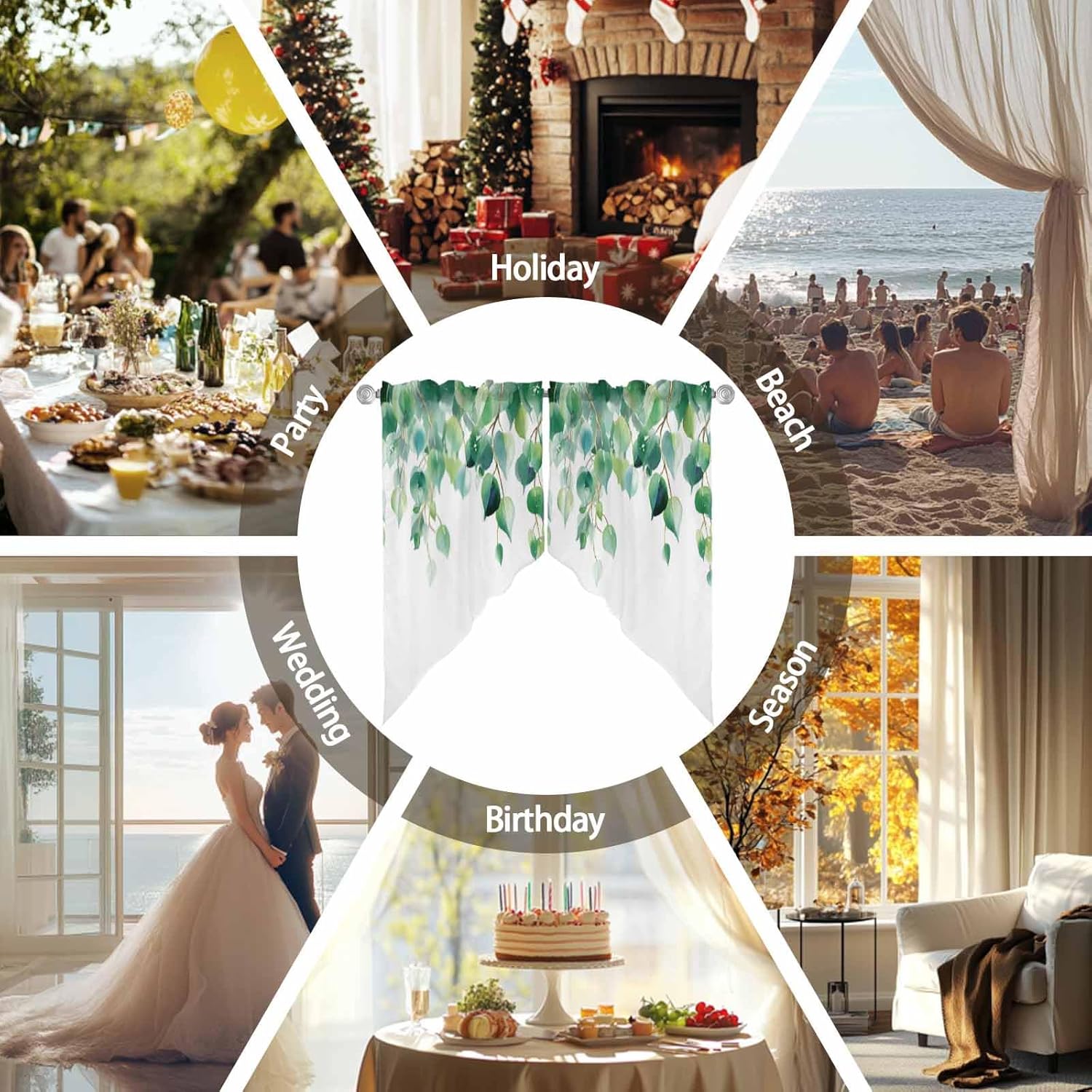 Green Leaves Swag Curtains,Watercolor Botanical Kitchen Valances Rod Pocket Leaf Curtains Tier Pair Swag Topper,Plant White 2 Panels Window Treatment for Bathroom Living Room