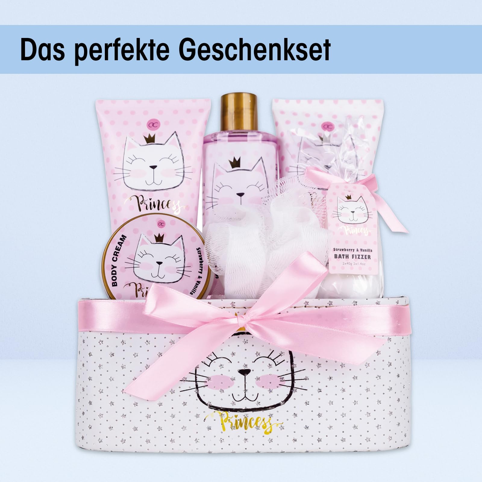 Accentra Geschenkset PRINCESS KITTY, 7-teiliges Geschenkset für Mädchen mit Duschgel, Bodylotion, Körperpeeling, Körpercreme, Badebomben und Netzschwamm im rosa Körbchen, Erdbeere & Vanille Duft