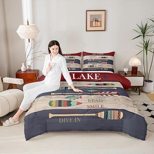 Miniatura 3 de Juego de edredón de decoración de casa de lago para dormitorio, ropa de cama de remo de lago, juego de ropa de cama de cabaña vintage con diseño