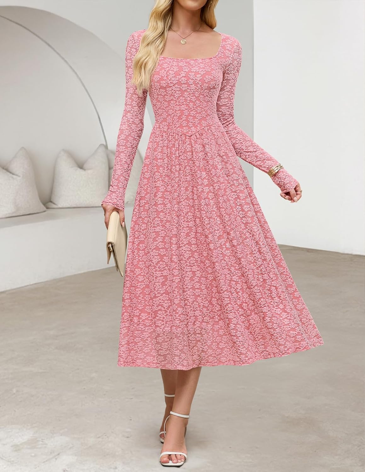 MEROKEETY Women's Floral 2025 Fall Midi Dresses Long Sleeve Square Neck Flowy A Line Wedding Ruched Dress Pockets - Image 2