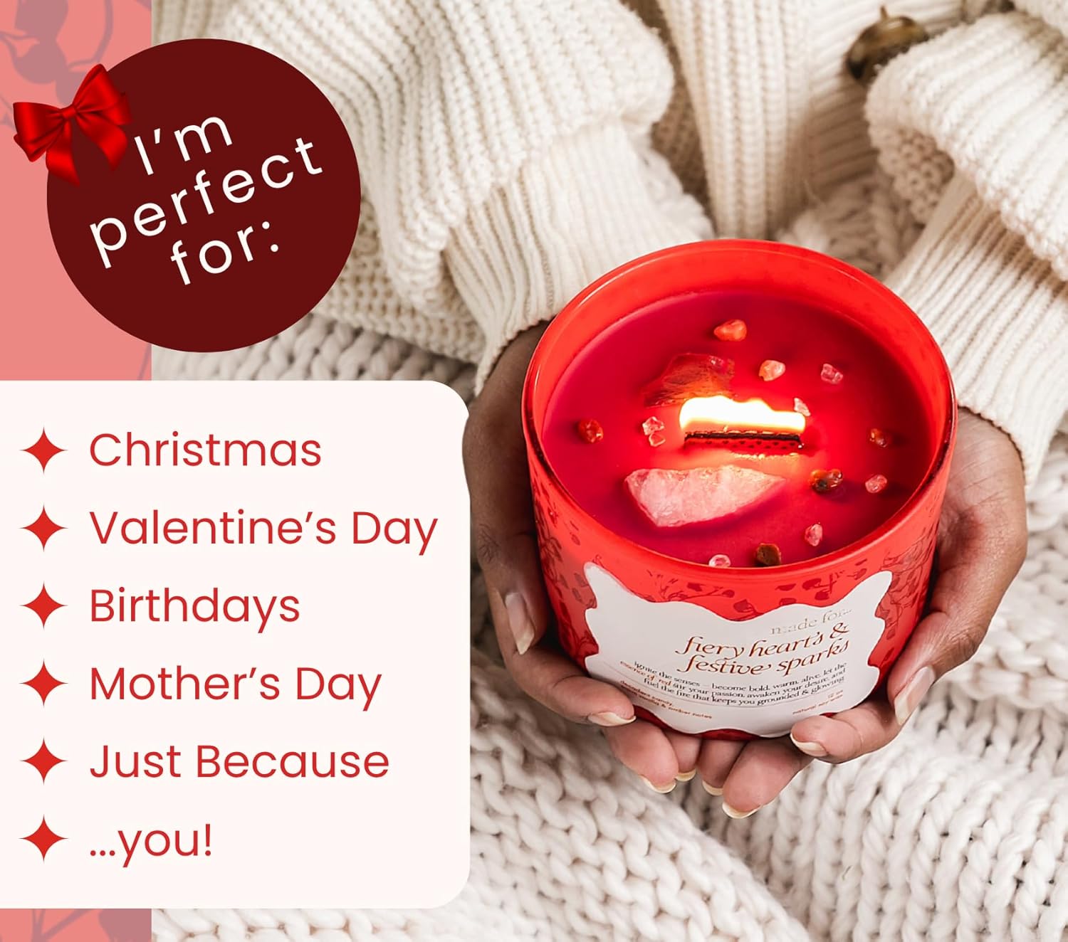 Red Crystal Candle for Women - 12oz Large Wood Wick Candle with Natural Soy Wax. Luxurious Slow Burn for Meditation with Real Crystals and Healing Stones. Gift for Birthday, Christmas, Mother’s Day - Image 2