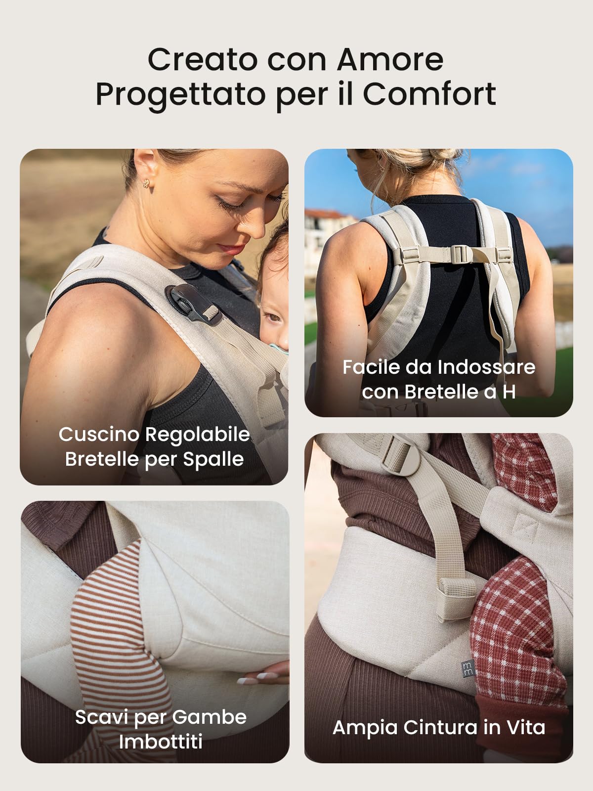 Grownsy Marsupio Neonato Ergonomico(3–20 kg, 3–24 mesi), Fibbia a Sgancio Rapido a un Tocco, Facile da Indossare, Poggiatesta, Leggero, Confortevole e Regolabile(Bianco crema)