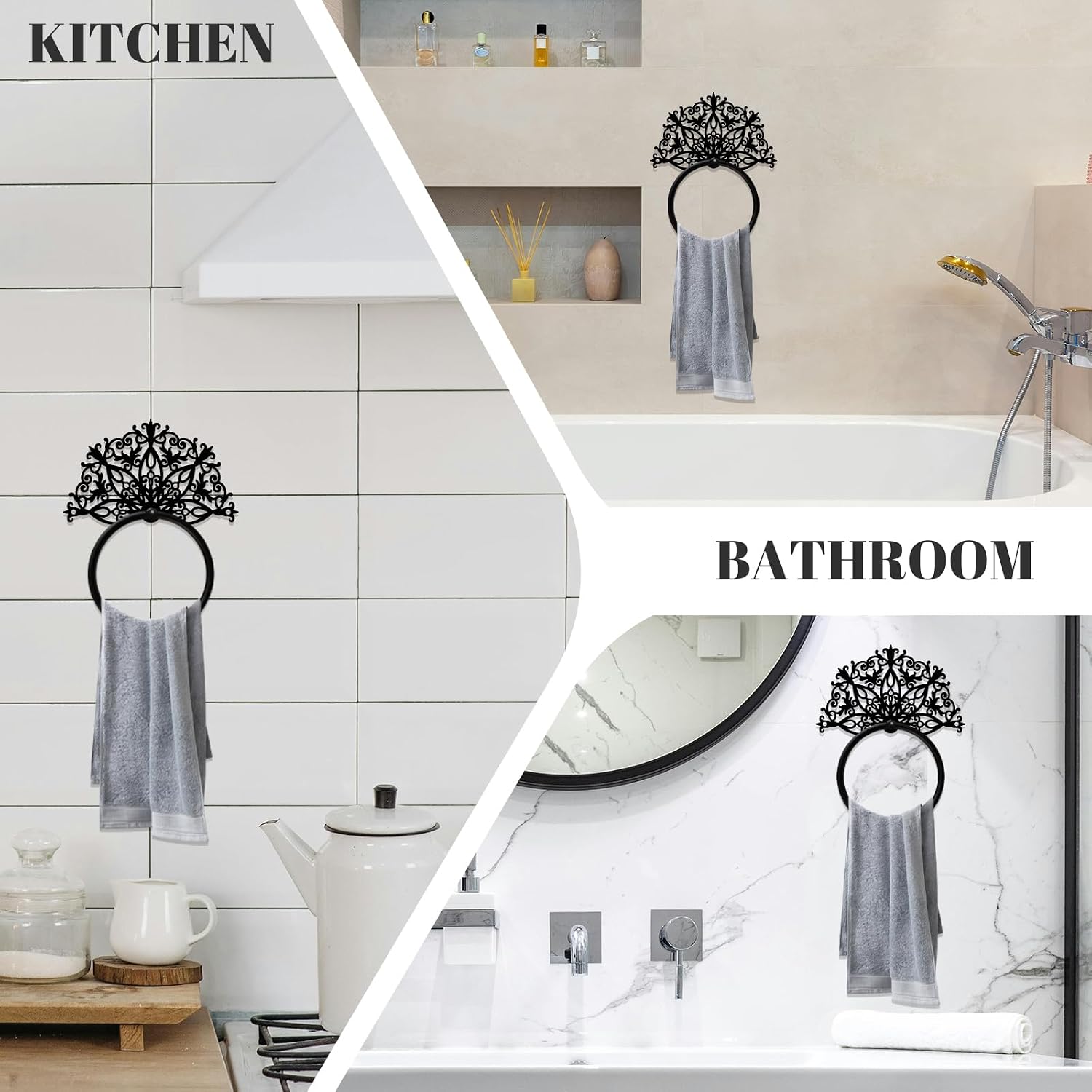 Victorian Retro Pattern Towel Ring Black Hand Towel Holder for Bathroom Rustic Hand Cloth Ring Bath Facecloth Holders Wall Mount Round Washcloth Racks for Bathroom Kitchen Decor image 3