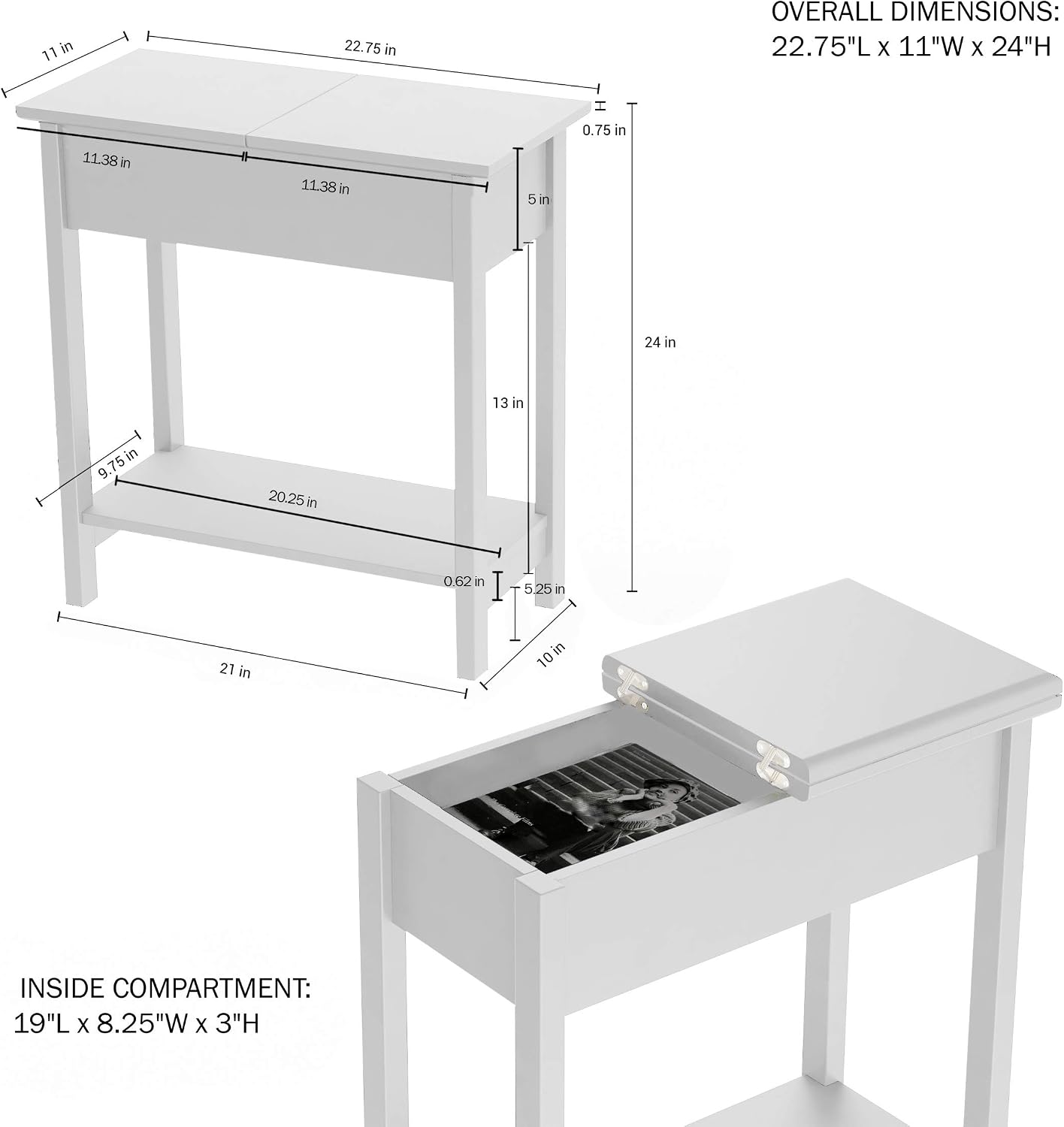 Flip Top Console Table – Set of 2 White End Tables with Hidden Hinged Storage Compartment and Lower Shelf for Living Room or Bedroom by Lavish Home