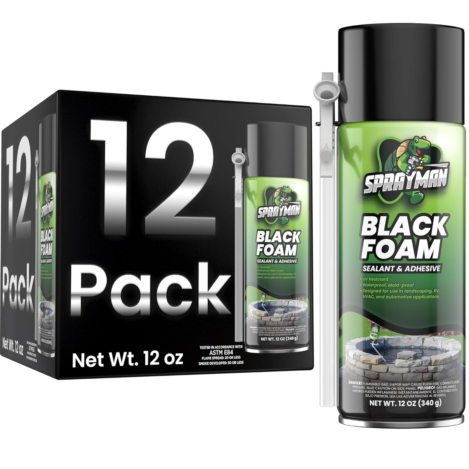 Sprayman Black Waterfall Foam Sealant - (12x12oz) Expanding Polyurethane Pond Foam Sealer, UV Resistant, Water Proof Spray for Landscape & Exterior, Straw Use, 12 Pack