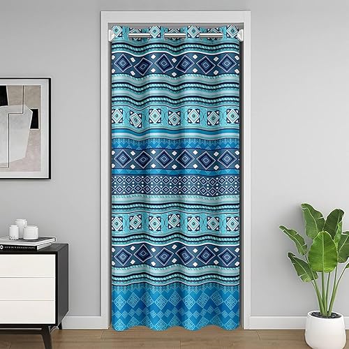 jejeloiu Cortina bohemia para puerta de privacidad, 1 panel, 42 x 80 pulgadas, cortina bohemia azul moderna geométrica 30% a 50% para oscurecer la