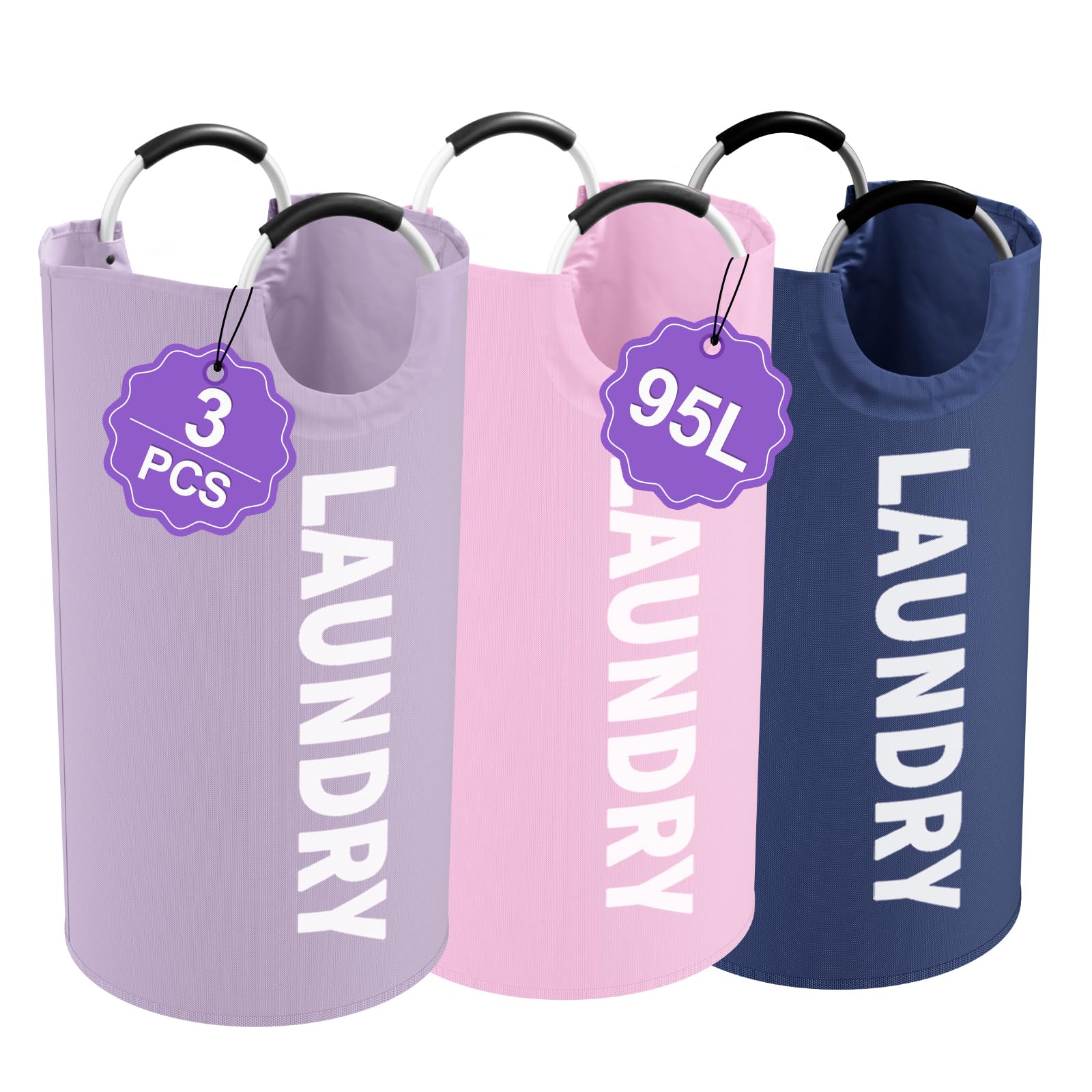 3Pack 95L Collapsible Laundry Basket, Padded Handle Hampers for Laundry