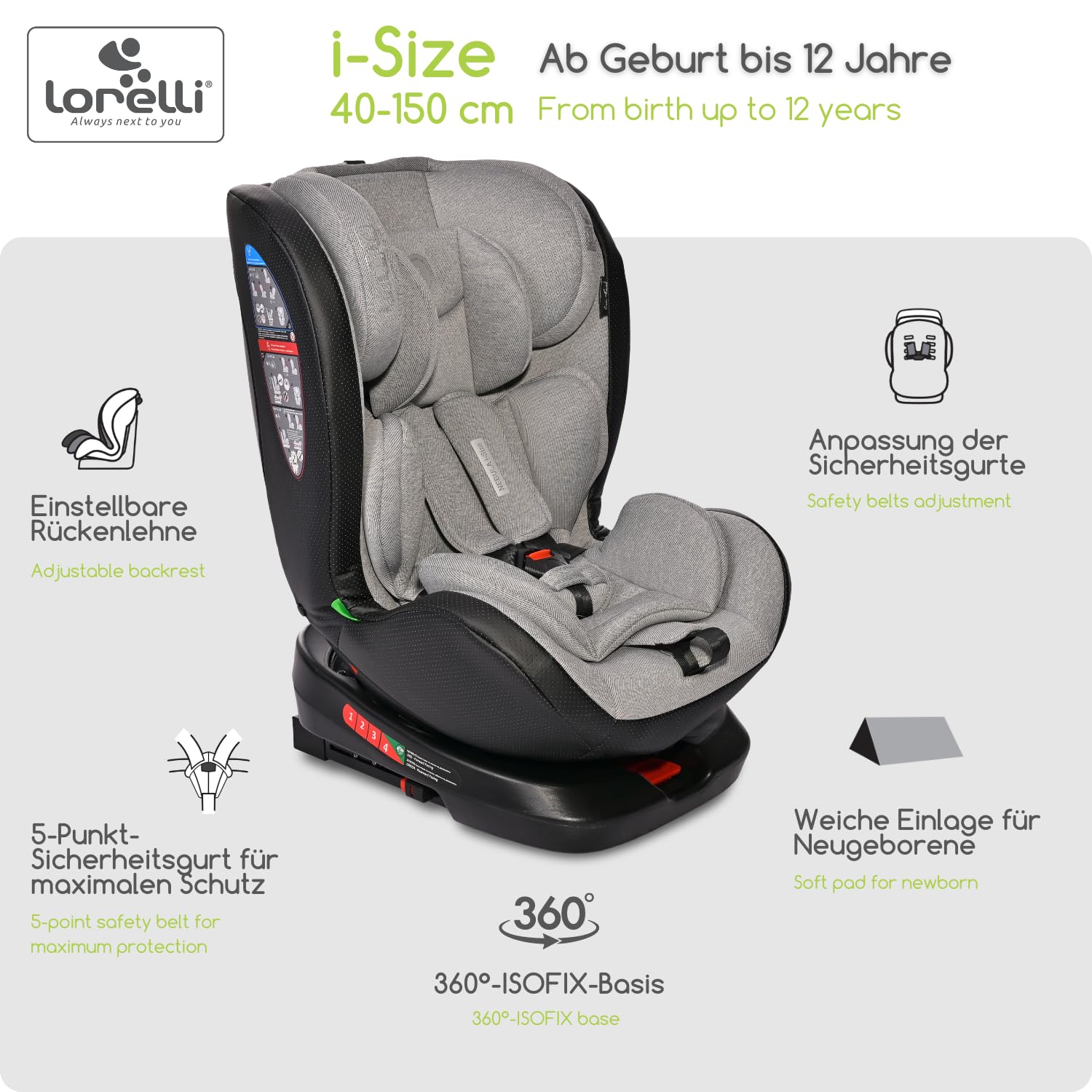 Lorelli Auto Kindersitz Nebula mit Isofix, 360 Grad drehbar, (0-36 kg) Mitwachsender Autositz i-Size 40-150cm - Gruppe 0+/1/2/3, Babysitz ab Geburt, 5-Punkt-Gurt, Einstellbare Kopfstütze, grau