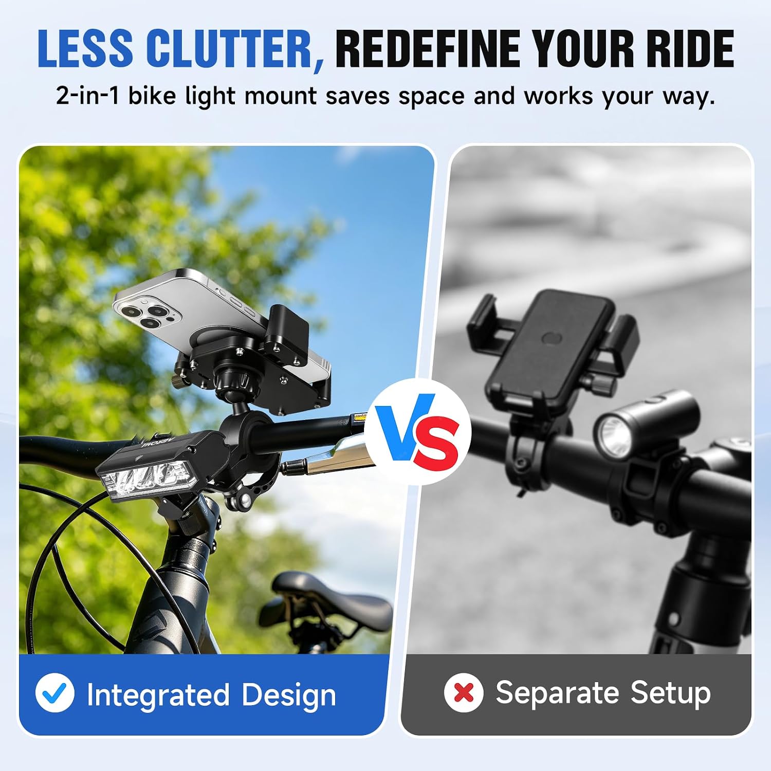 2026 NEW Bike Phone Holder, 2-in-1 Detachable Bike Light & Motorcycle Phone Mount Holder, IPX5 Rechargeable Bicycle Headlight, Adjustable for iPhone 17 16 15 Pro Max, Galaxy and 4-6.5" Phone