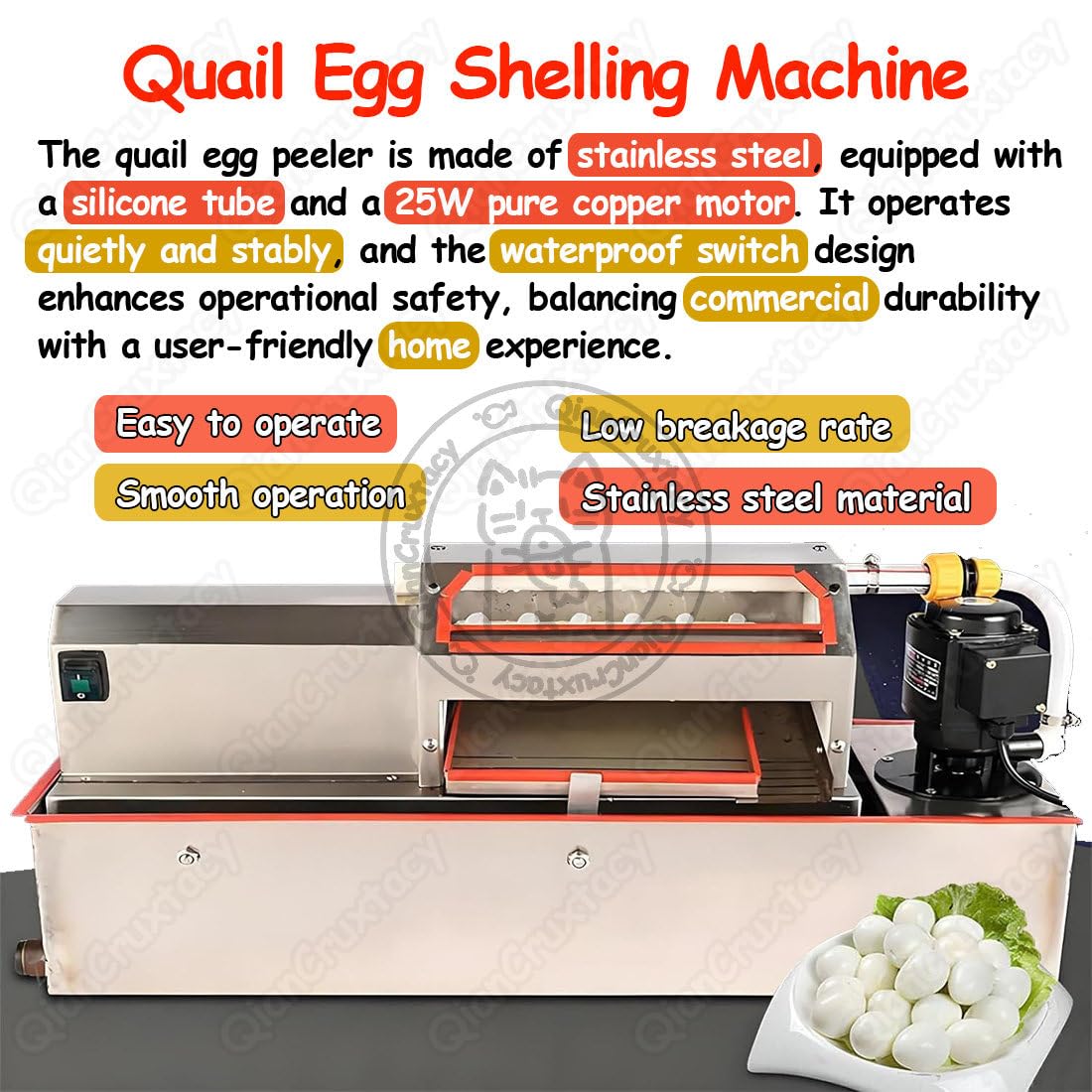 Máquina descascaradora eléctrica de huevos de codorniz, peladora automática de 25 W, procesa 35 kg de huevos hervidos por hora con circulación de agua, mínimo daño para uso comercial