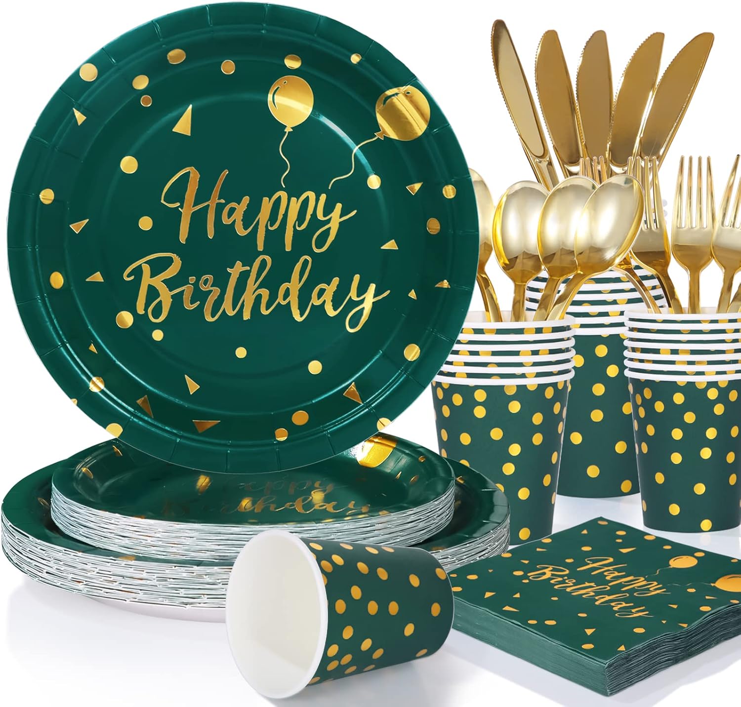 Green Birthday Decorations Party Plates and Napkins Supplies for Emerald Decor - 175PCS