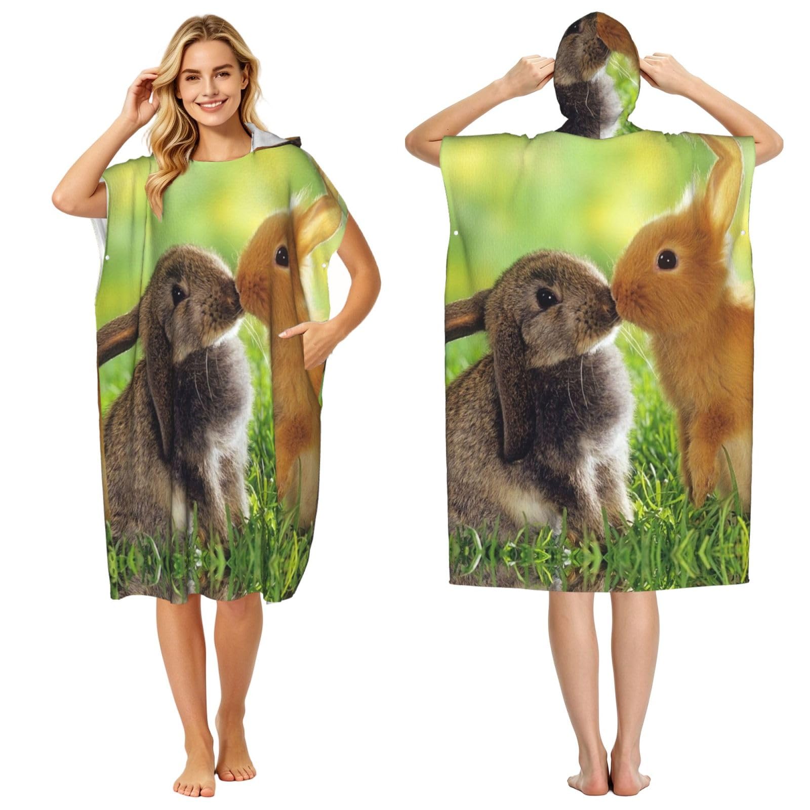 Esnaiuvcd Women's Black Rabbit Couple Print Changing Robe, Hooded Towel Poncho For Swimming Pool, Beach,Quick Dry & Light Weight Towelling Poncho For Adults Men