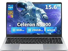 EKY Laptop de 15,6 polegadas, topo de colo com 8 GB de RAM, SSD de 256 GB, laptops com tela 1080p, dobradiça plana de 180°, Celeron N4000, Win 11 Pro, Wi-Fi 2.4/5G, BT 5.0, HDMI e USB - Laptop para