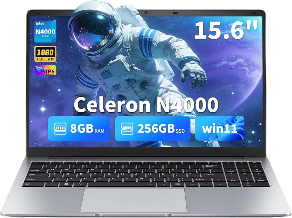EKY Laptop de 15,6 polegadas, topo de colo com 8 GB de RAM, SSD de 256 GB, laptops com tela 1080p, dobradiça plana de 180°, Celeron N4000, Win 11 Pro, Wi-Fi 2.4/5G, BT 5.0, HDMI e USB - Laptop para