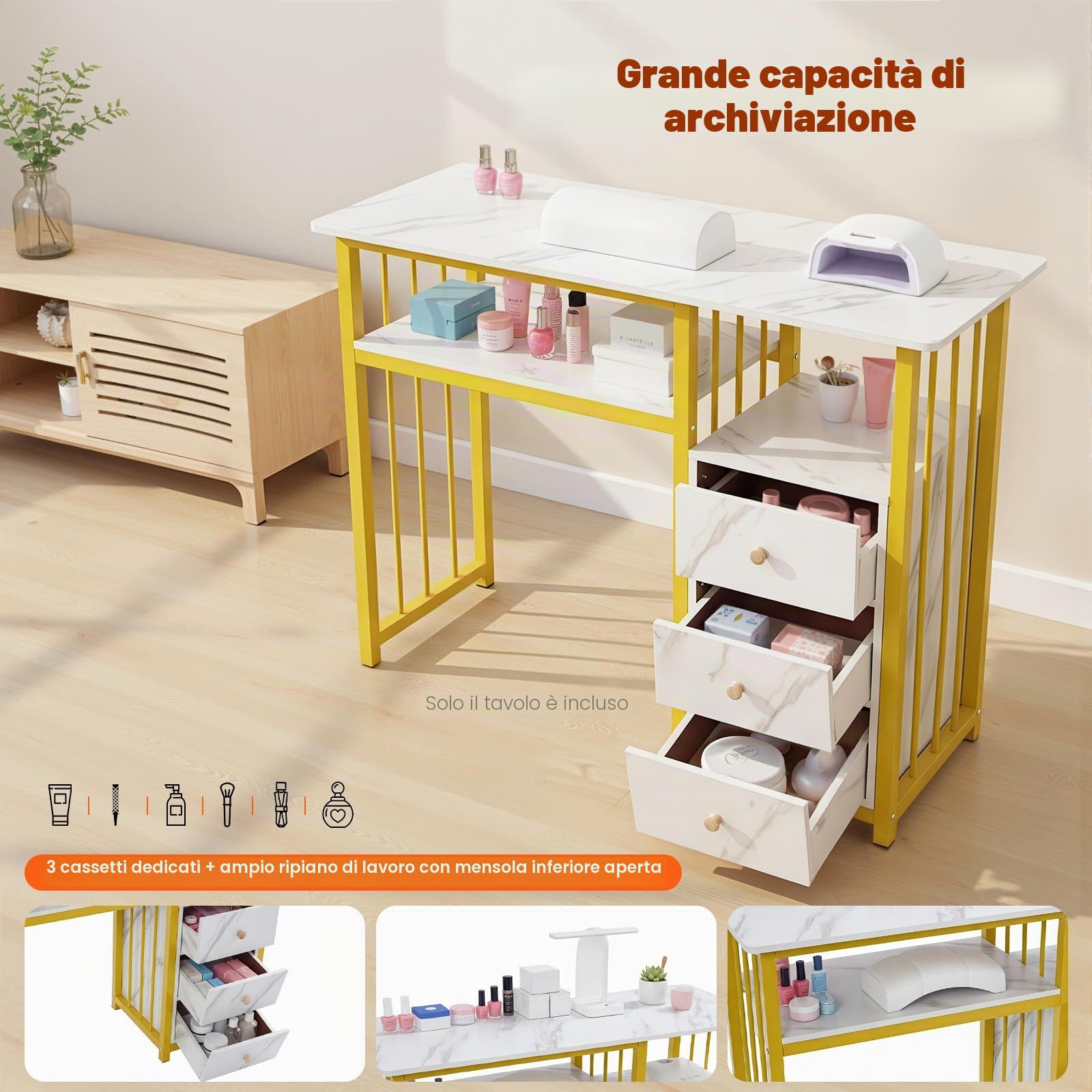 Tavolo da manicure con cassetti, toeletta senza specchio, struttura in marmo, tavolo per unghie, fino a 30 kg, tavolo per computer, salone, salone di unghie, tavolo in legno con struttura in