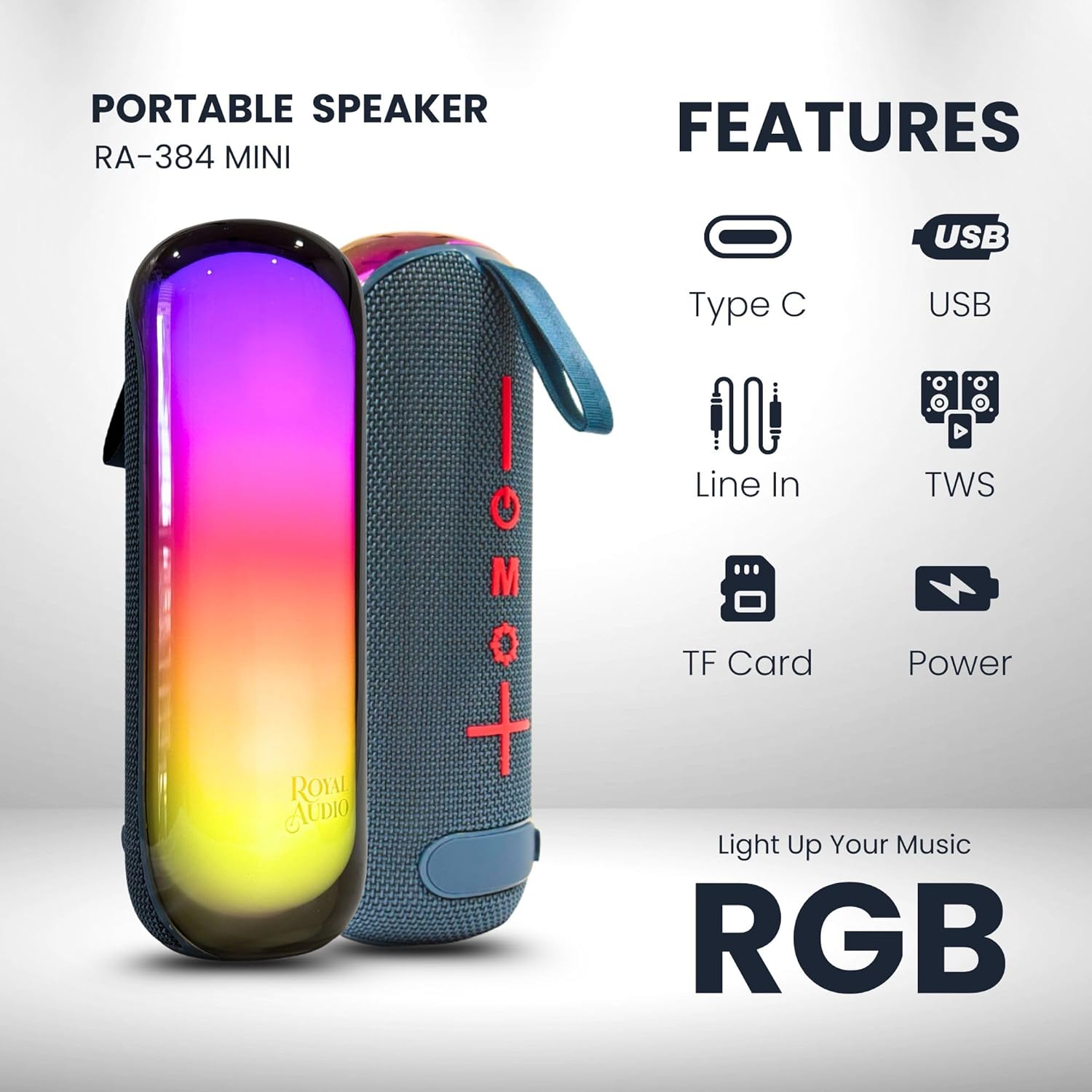 RA-384 Mini Wireless Portable Bluetooth Speaker with Long Battery Life, RGB Lighting, TWS Function, USB Type-C Charging and FM Radio for Home and Outdoor Use (Blue)