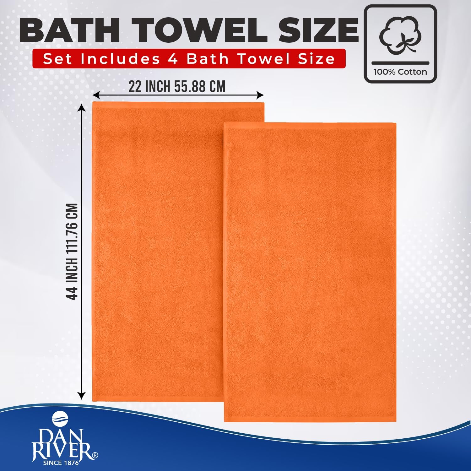 DAN RIVER 4 Pack Cotton Bath Towels – 22x44 Inches, Lightweight, Super Absorbent, Quick Drying, Soft & Durable Thick Hotel Towels for Home, Gym and Spa, Orange
