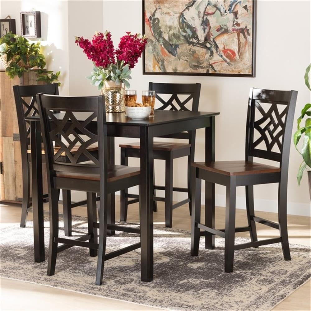 BOWERY HILL 5-Piece Wood Pub Set, Two-Tone Dark Brown and Walnut Brown Finish, Includes Square Table and 4 Counter Stools, Geometric Cut-Out Back, Scoop Seats, Contemporary Dining Room Furniture