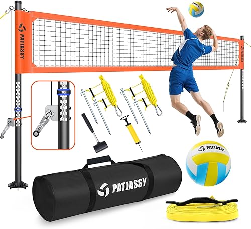 Miniatura 10 de Juego de red de voleibol profesional portátil para exteriores con postes de aluminio de altura ajustable, sistema de cabrestante, voleibol con bomba