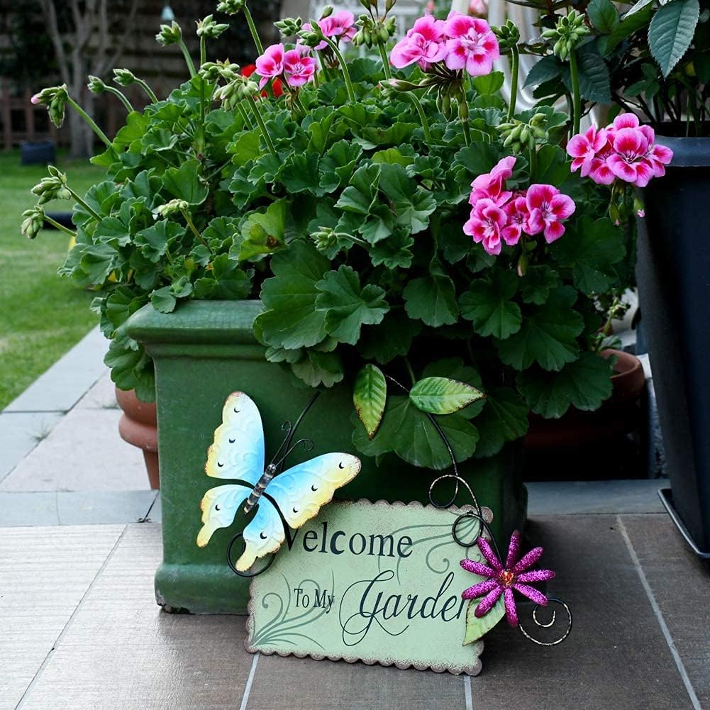 Morning View Set of 3 Vintage Metal Garden Sign with Butterfly Daisy and Leaf, Decorative Hanging Welcome Plaque for Garden Patio Porch Yard Wall Outdoor Decor