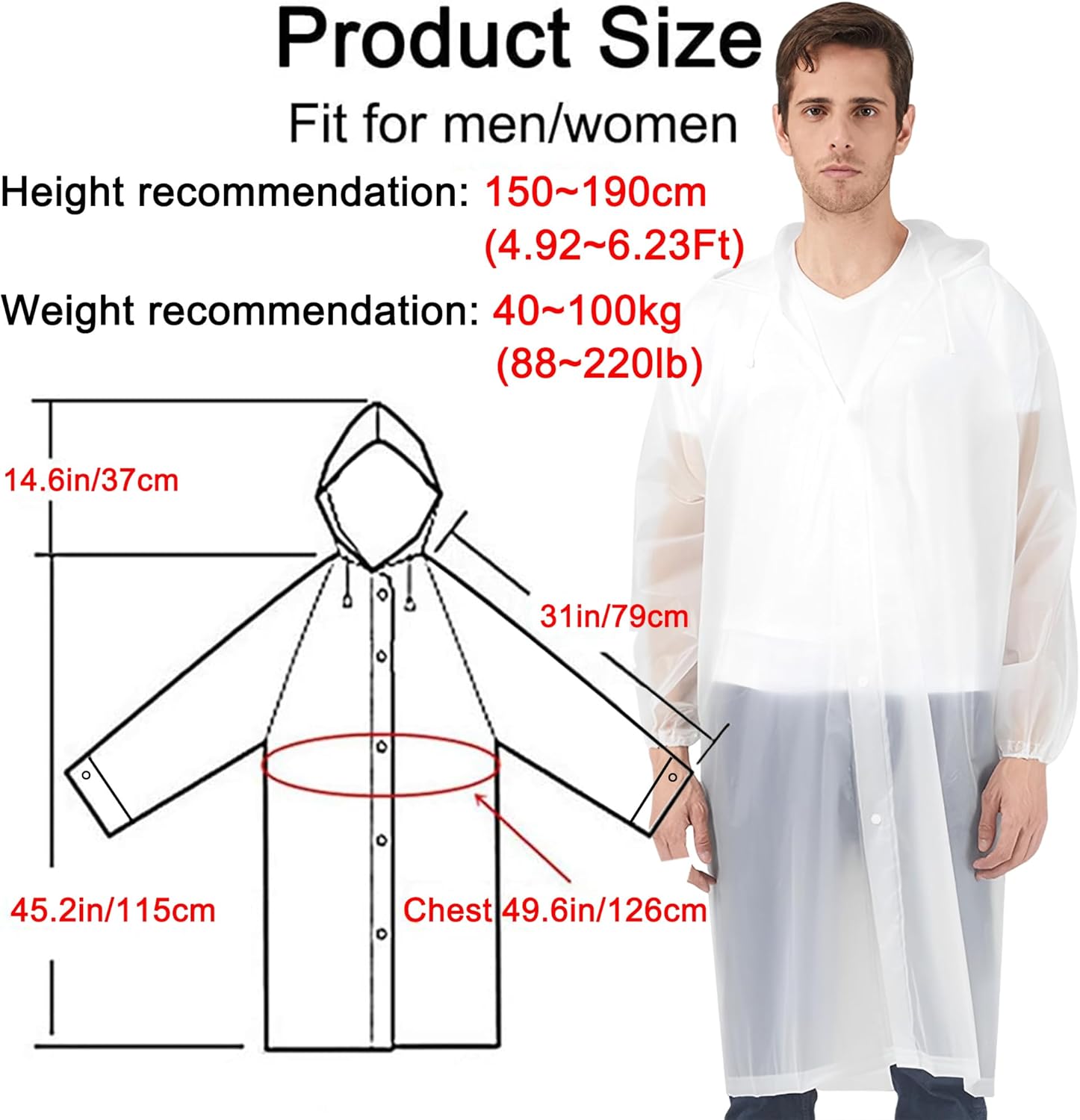 Rain Ponchos Raincoats for Adults, 2 Pcs Reusable Rain Jacket Coats with Hoods and Sleeves for Men Women (White) - Image 3