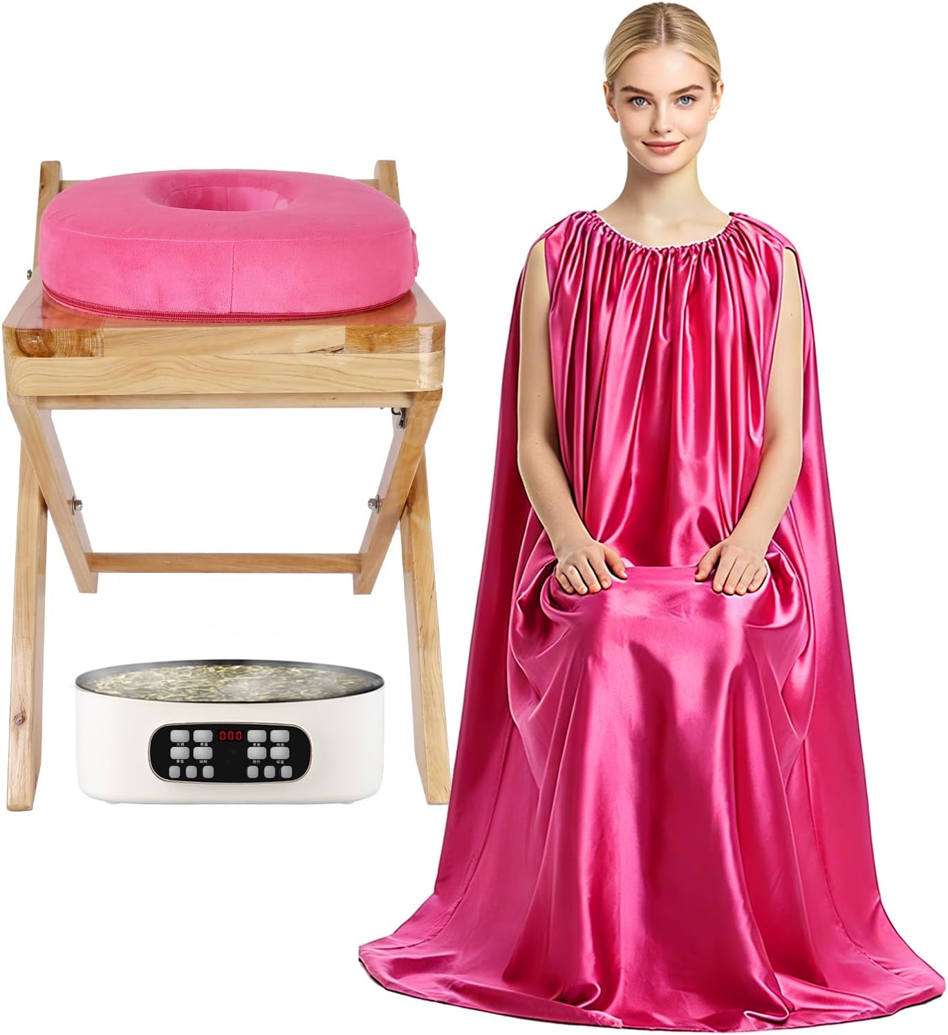 Beauty Star Foldable Wooden Yoni Steamer Chair for Women, V-Shaped Yoni Steam Seat with Cushion & Soft Gown Kit, Portable Herbal Steam Stool for Feminine Cleansing Care at Home, No Assembly Needed