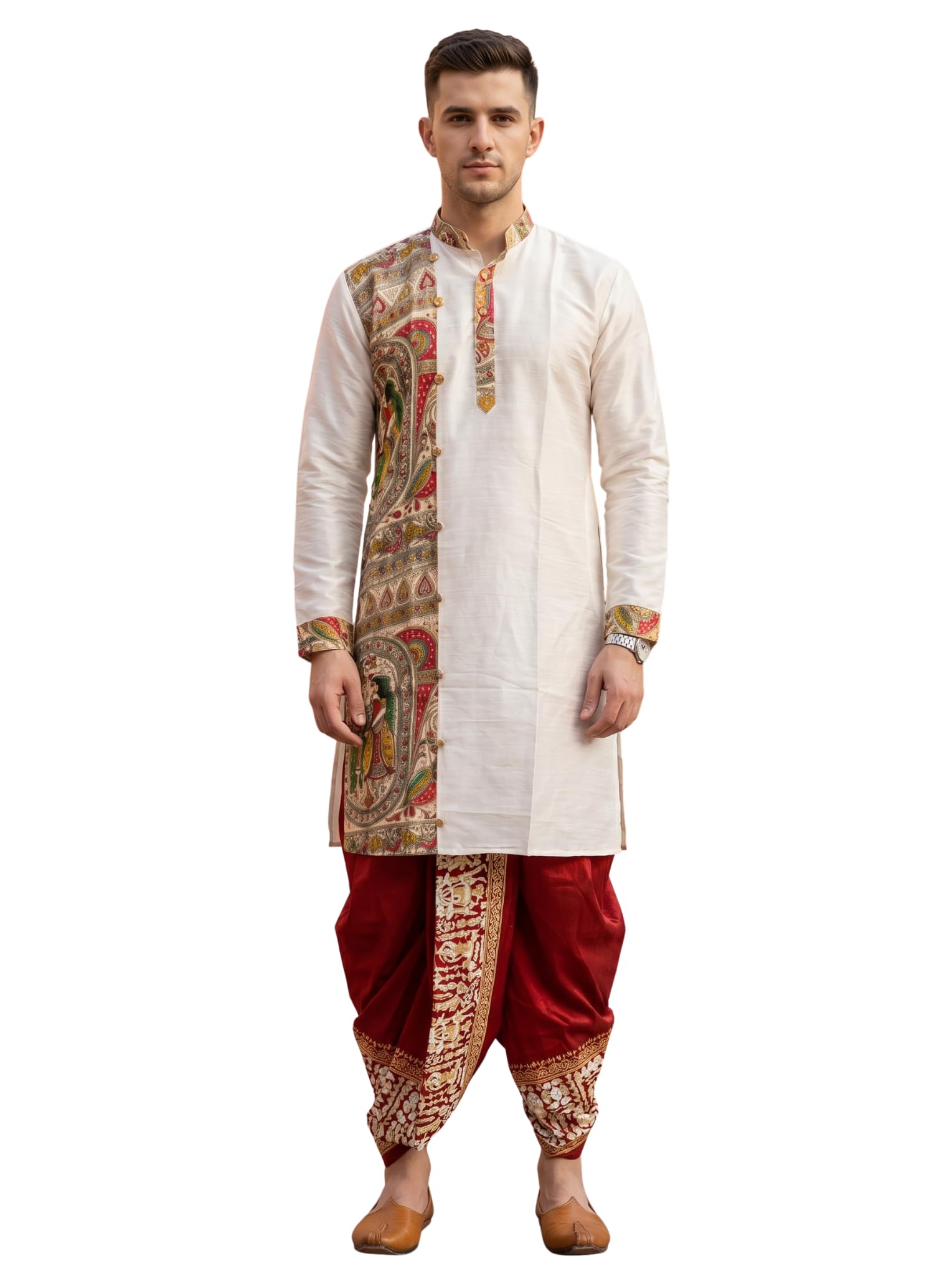 Khadi Silk Kurta with Benarasi Silk Dhoti Set | Traditional Ethnic Wear for Men | Festive & Wedding Collection-image-17