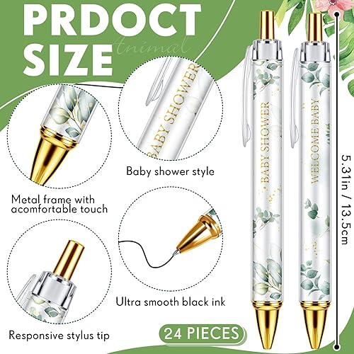 Miniatura 2 de Chuangdi 24 Piezas Bolígrafos de Punta de Bola con Diseño de Hoja para Baby Shower Favores a Granel Bolígrafo Retráctil Tinta Negra con Regalos para