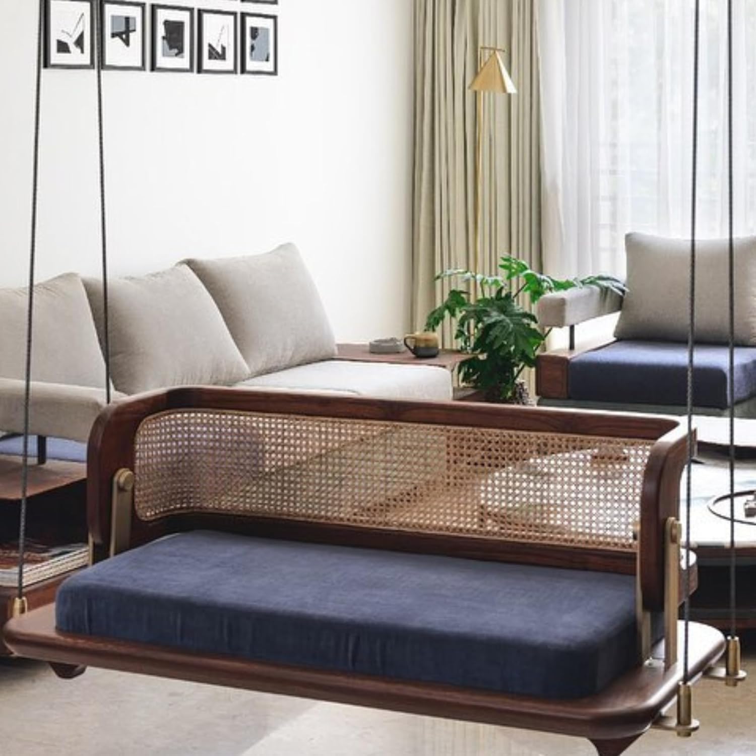 Modern Luxury Wooden Reversible Swing (Jhula) for Home | Solid Sheesham Wood | Cane Weave Backrest | Adjustable Hanging Chain | Cushioned Comfort | Indoor & Covered Outdoor Use (48 Inch)-image-6