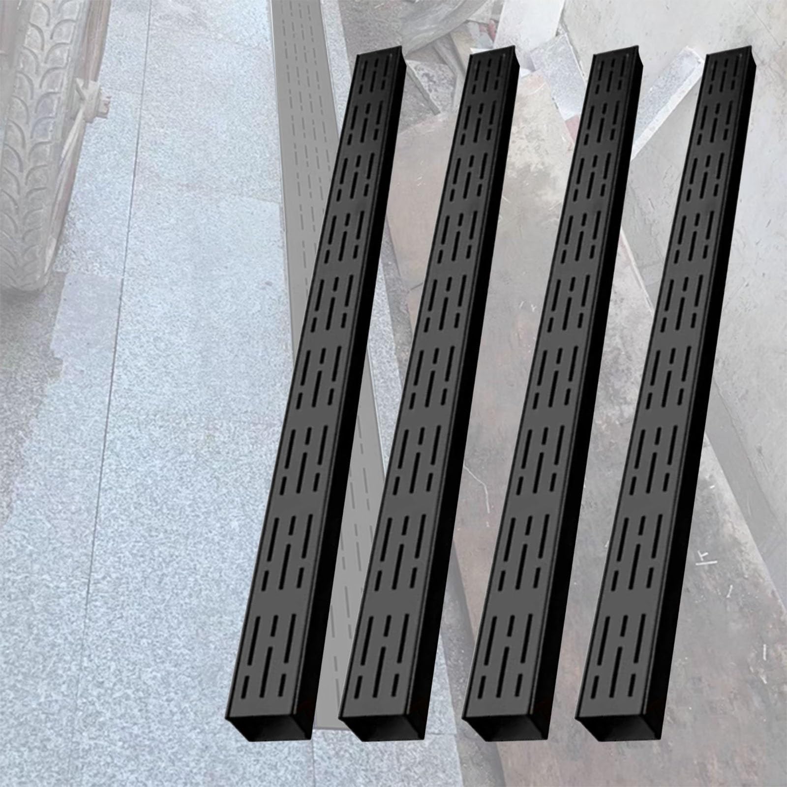 Wąska rynna drenażowa 3,2 m – ruszt ze stali nierdzewnej, liniowa rynna na tarasy, wjazdy i podwórka – 4 sztuki, szer. x 5 cm wysokości, wytrzymała konstrukcja betonowa zapewnia efektywny