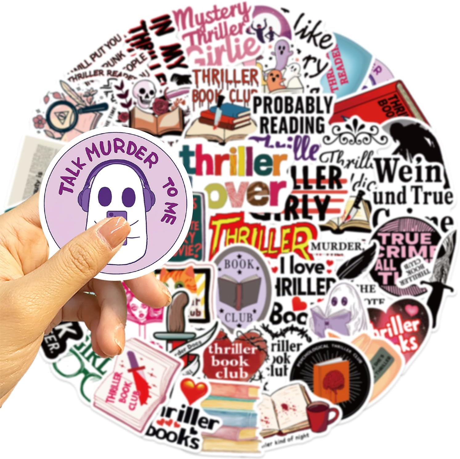 Thriller Book Stickers 50 Pack, Cool Thriller Bookish Stickers for Water Bottle Funny Waterproof Sticker for Teens Adults Vinyl Sticker for Laptop Skateboard Party Supplies