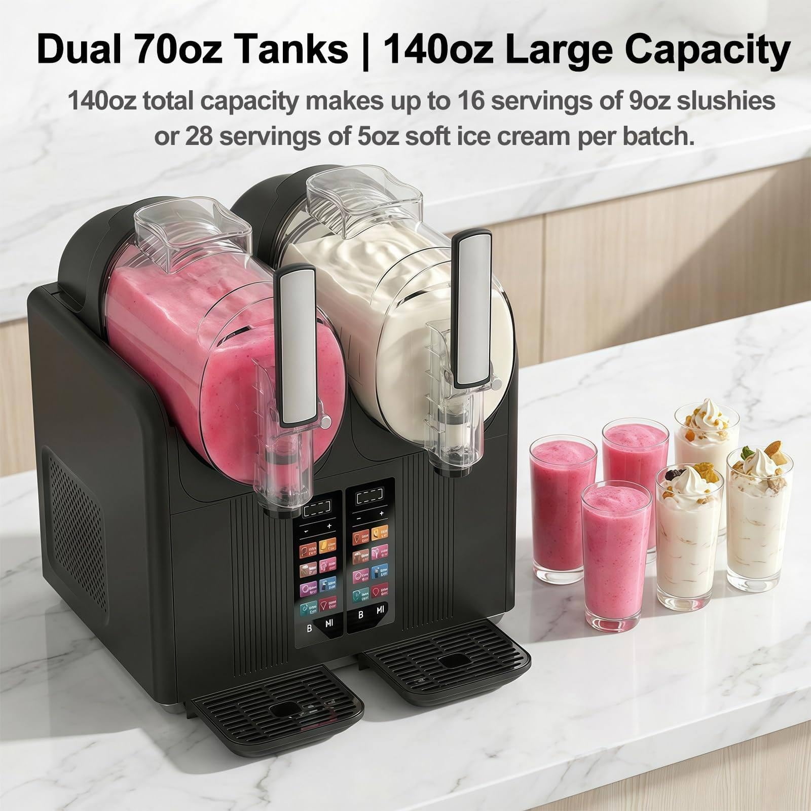 Frullatore 2 in 1, Gelatiera Soft Serve da 380W, Grande capacità 2L*2, 7 Programmi Preimpostati, Display A LED, Pulizia Automatica, Adatto per Frappè, Frullati, Gelato Black